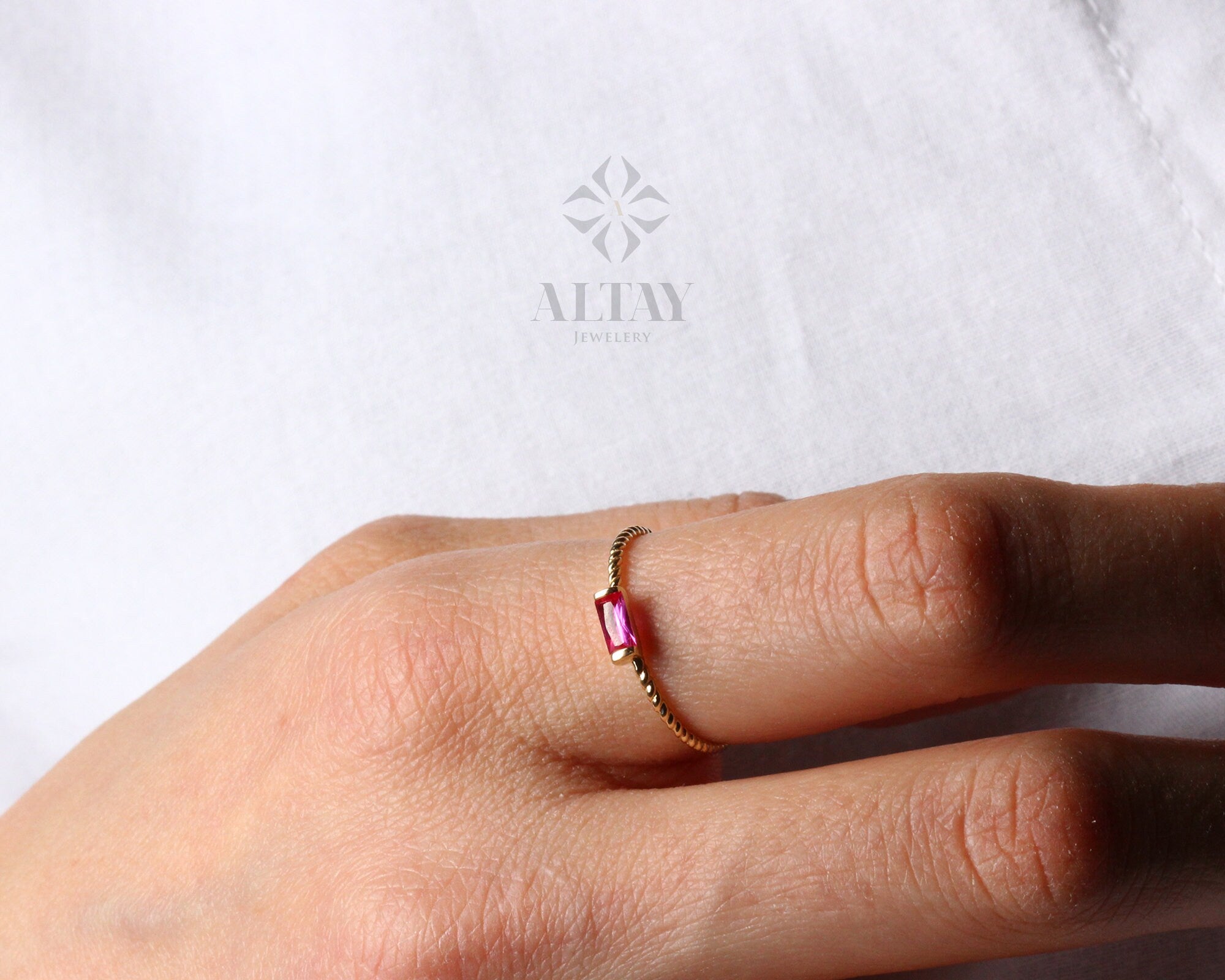 14K Solid Gold Baguette Ring, London Blue Topaz Ring, Ruby Stacking Ring, Aquamarine Dainty Wedding Ring, Tiny Stackable Ring, Gift For Her