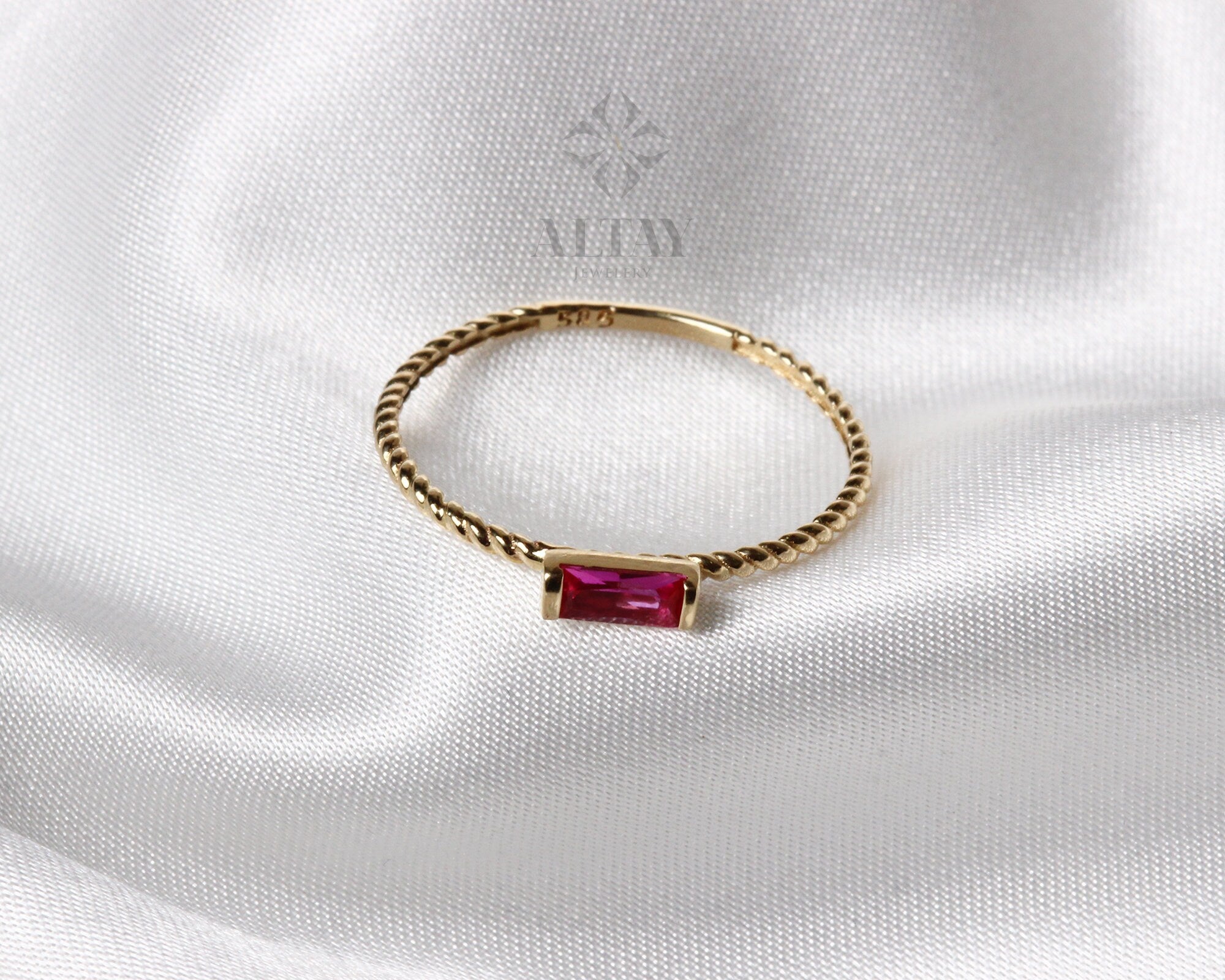 14K Solid Gold Baguette Ring, London Blue Topaz Ring, Ruby Stacking Ring, Aquamarine Dainty Wedding Ring, Tiny Stackable Ring, Gift For Her