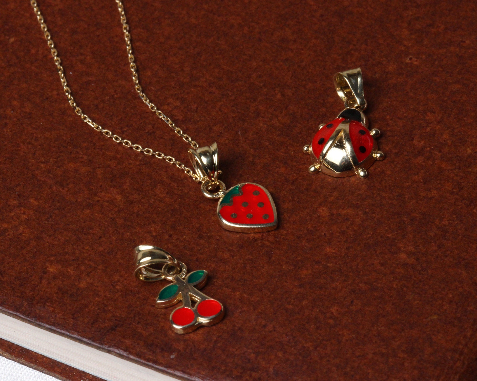14k Gold Strawberry Necklace, Gold Fruit Necklace Pendant, Gold Cherry Charm, Tiny 14k Dainty Choker, Holiday Gift For Kids, Gift for Her
