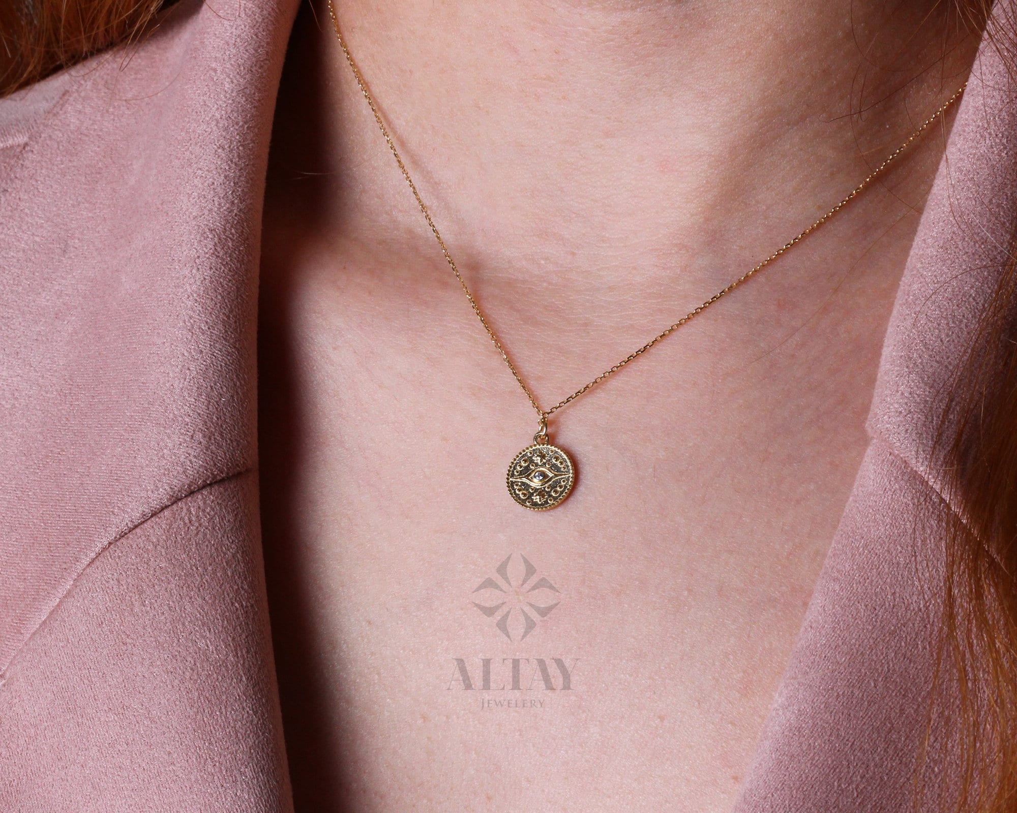 14K Gold Eye Medallion Necklace, Evil Eye Pendant, Coin Necklace, Dainty Gold Choker, Celestial Charm, Sun Eye Personalized Gifts for Her