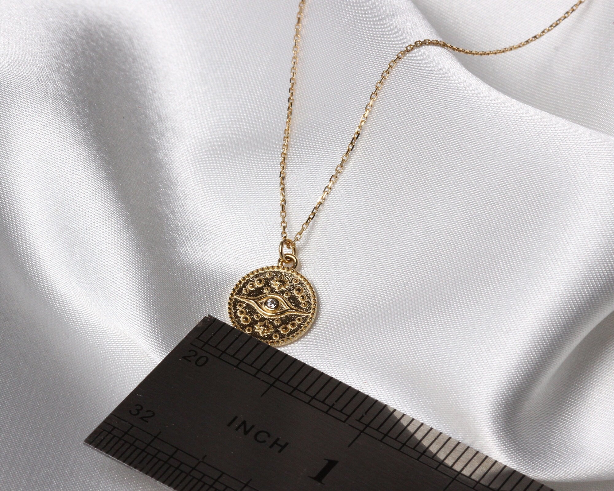 14K Gold Eye Medallion Necklace, Evil Eye Pendant, Coin Necklace, Dainty Gold Choker, Celestial Charm, Sun Eye Personalized Gifts for Her