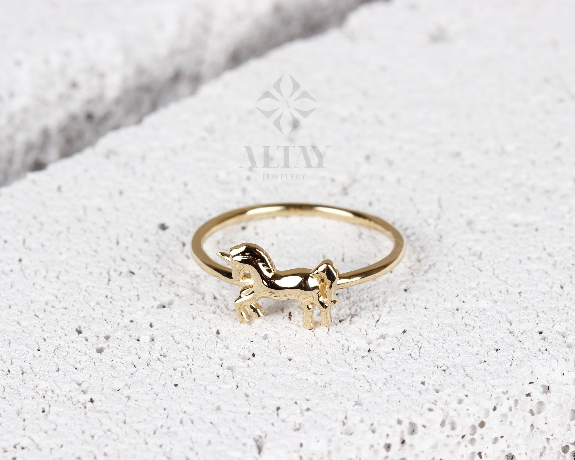 14K Solid Gold Unicorn Ring, Gold Horse Band, 14k Animal Gold Ring, Minimalist Ring, Thin Dainty Ring, Good Fortune Symbol, Gift for Her