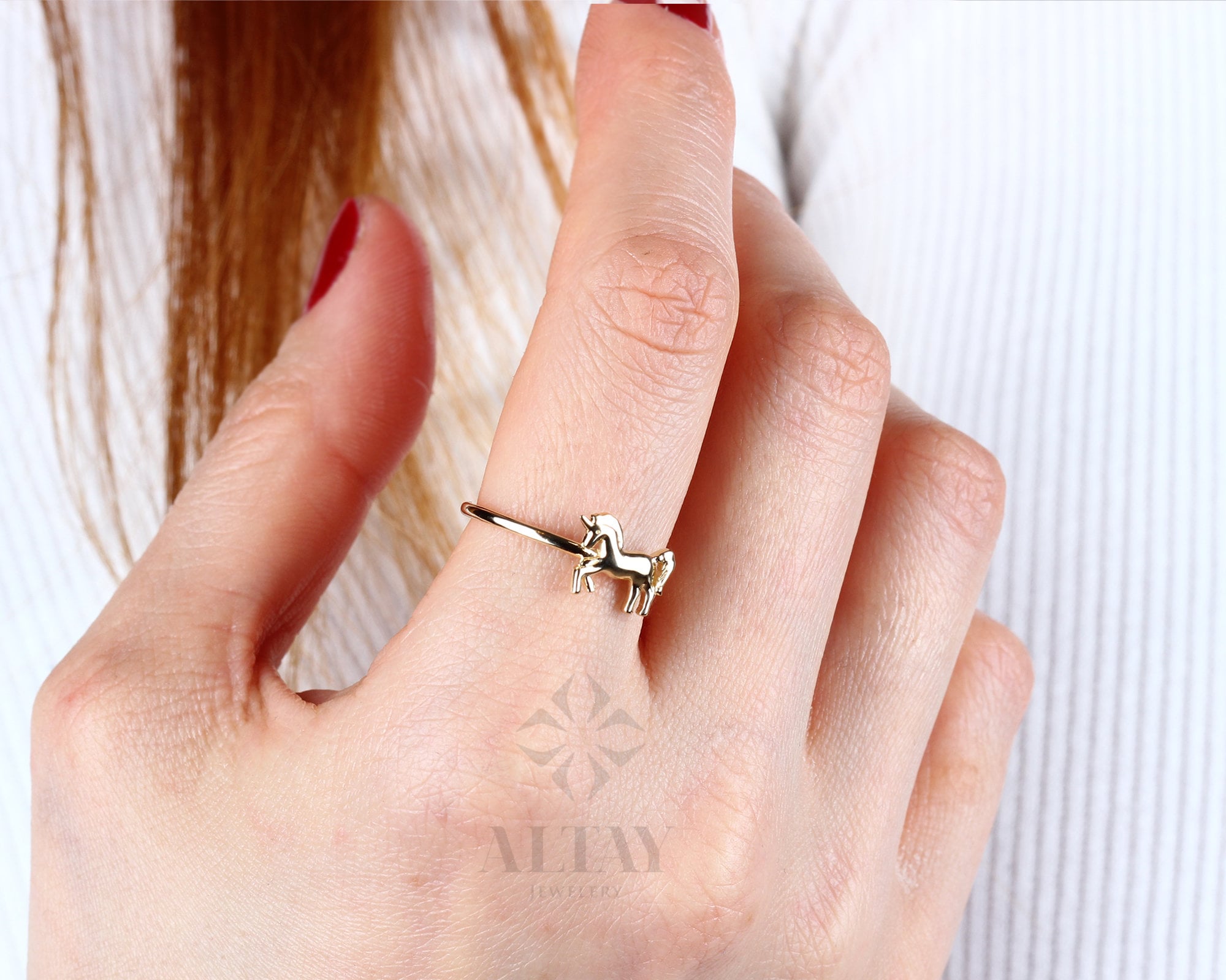 14K Solid Gold Unicorn Ring, Gold Horse Band, 14k Animal Gold Ring, Minimalist Ring, Thin Dainty Ring, Good Fortune Symbol, Gift for Her
