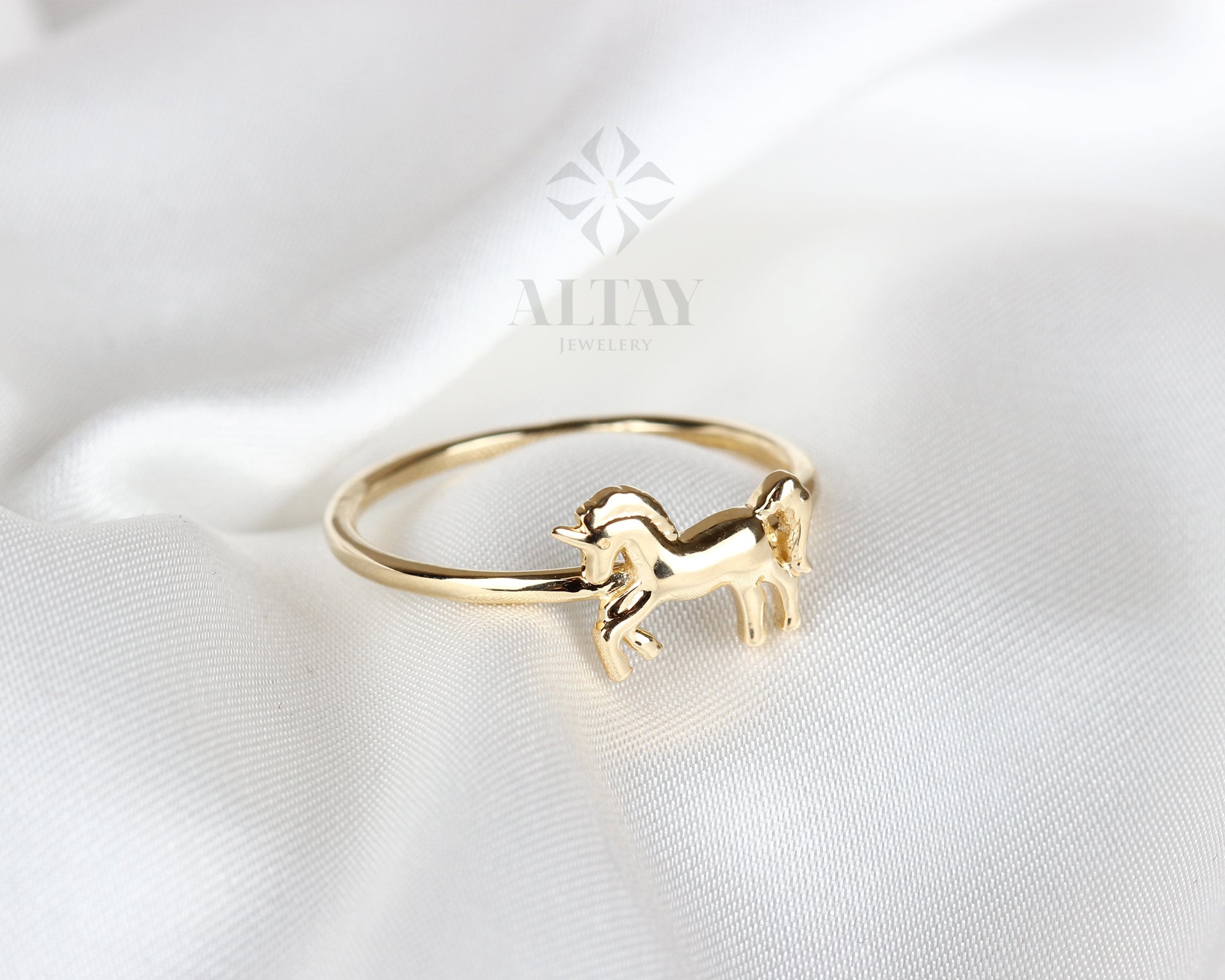 14K Solid Gold Unicorn Ring, Gold Horse Band, 14k Animal Gold Ring, Minimalist Ring, Thin Dainty Ring, Good Fortune Symbol, Gift for Her