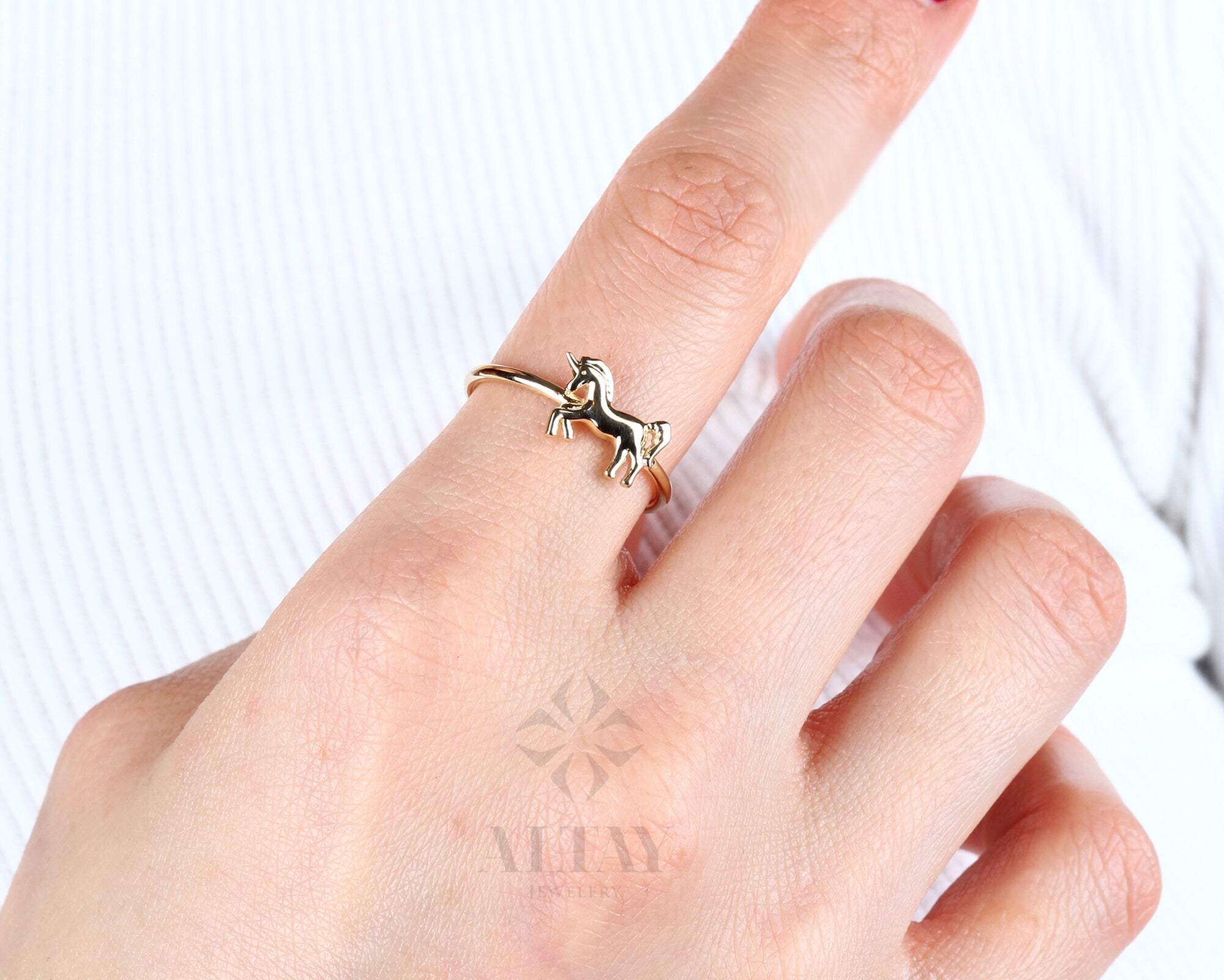 14K Solid Gold Unicorn Ring, Gold Horse Band, 14k Animal Gold Ring, Minimalist Ring, Thin Dainty Ring, Good Fortune Symbol, Gift for Her