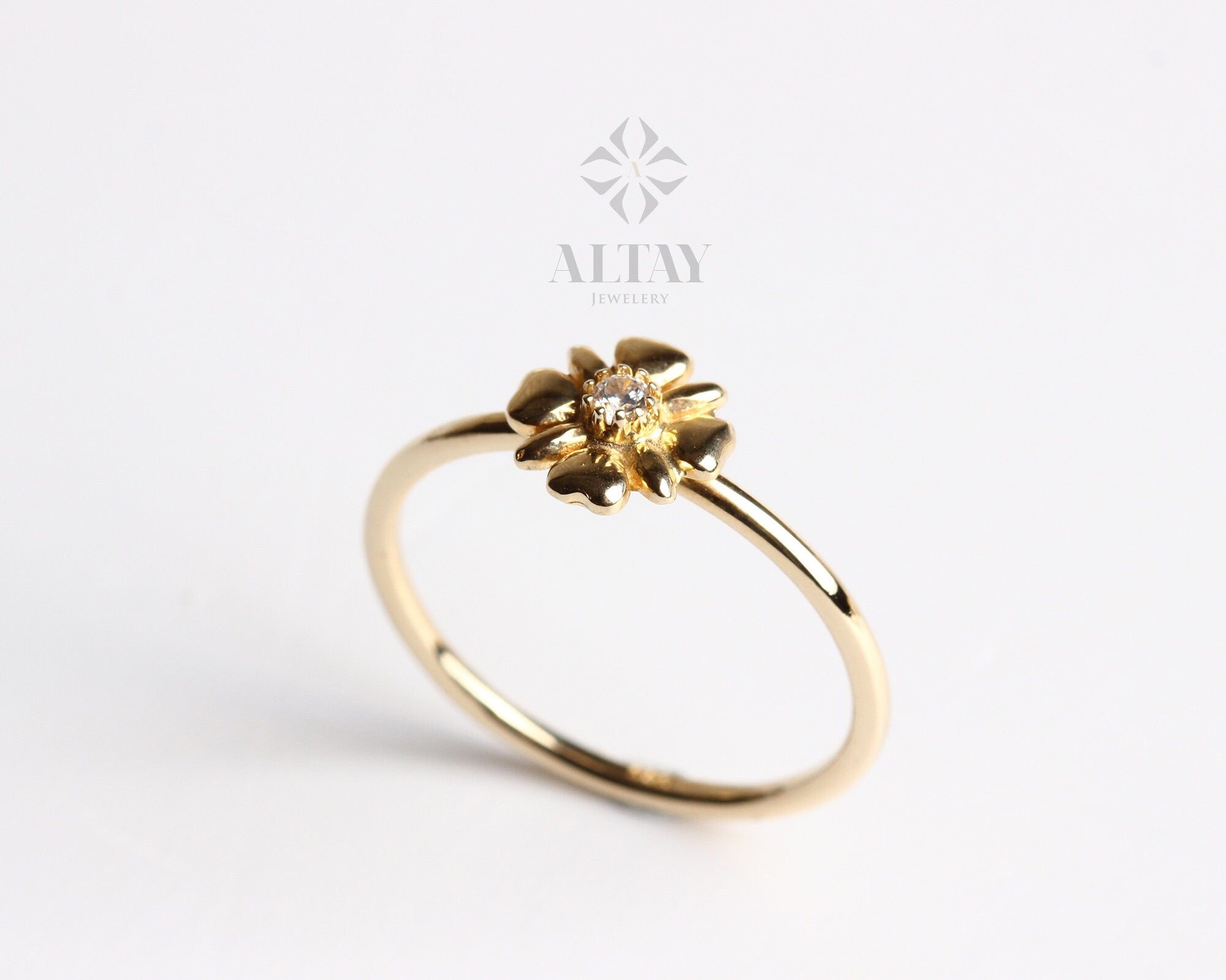 14K Solid Gold Flower Ring, Dainty Ring, Minimalist Ring, Tiny Ring, Stackable Cz Ring, Gold Stacking Ring, Chic Ring, Gift for Her