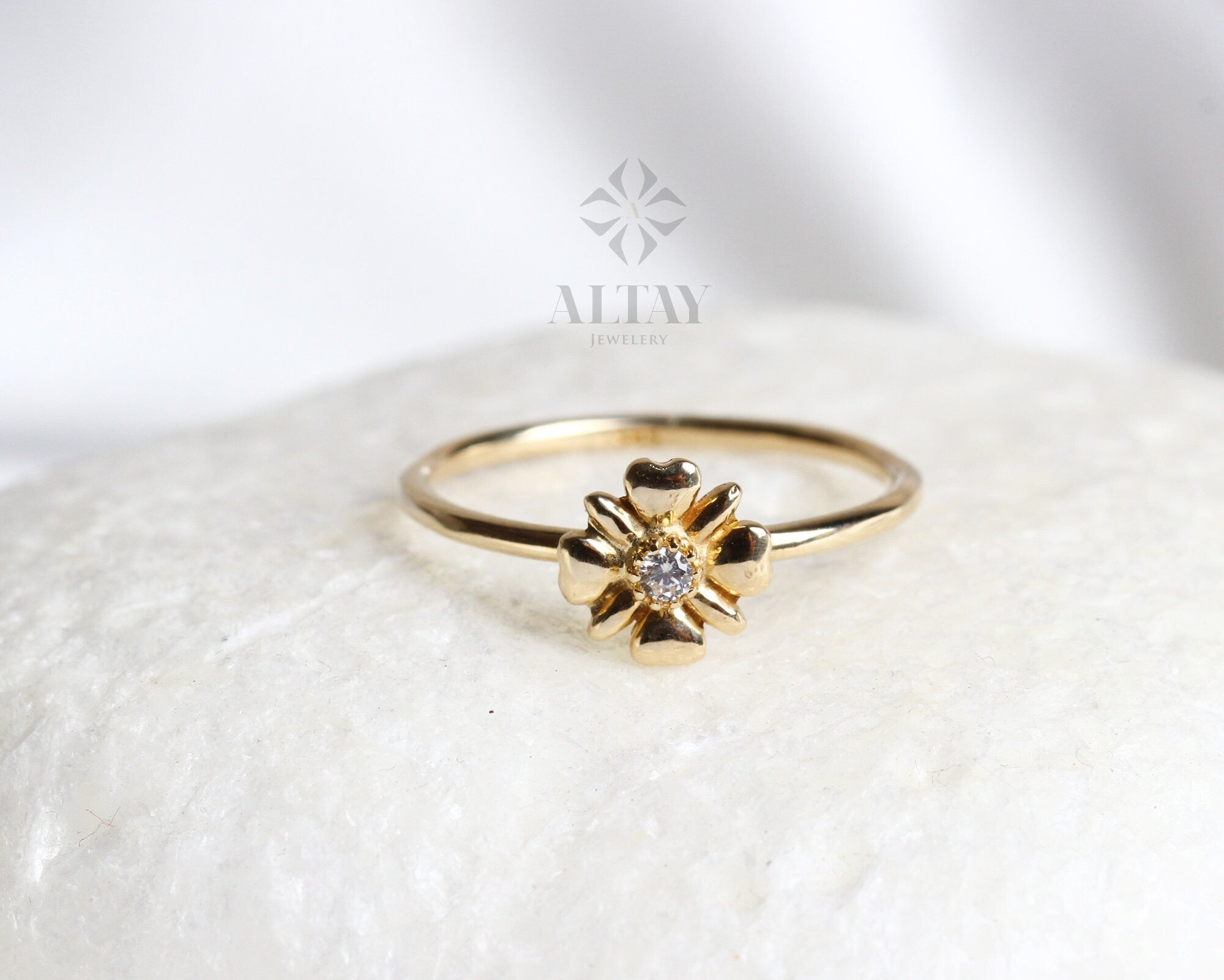 14K Solid Gold Flower Ring, Dainty Ring, Minimalist Ring, Tiny Ring, Stackable Cz Ring, Gold Stacking Ring, Chic Ring, Gift for Her