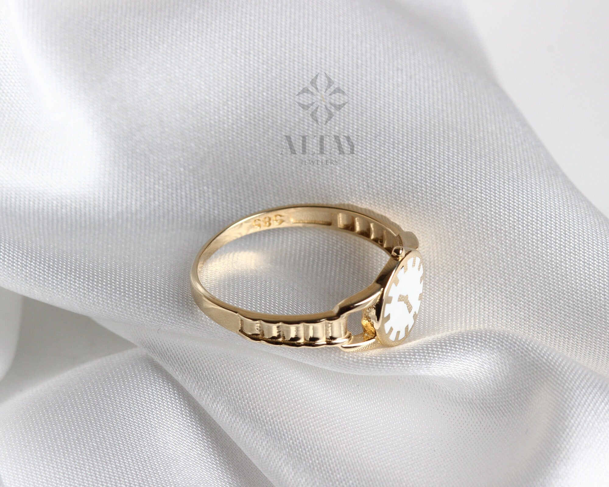 14K Gold Watch Ring, Round Clock Ring, Dainty Ring, Personalized Ring, Minimalist Ring, Boho Jewelry, Stackable Rings, Valentine's Day Gift