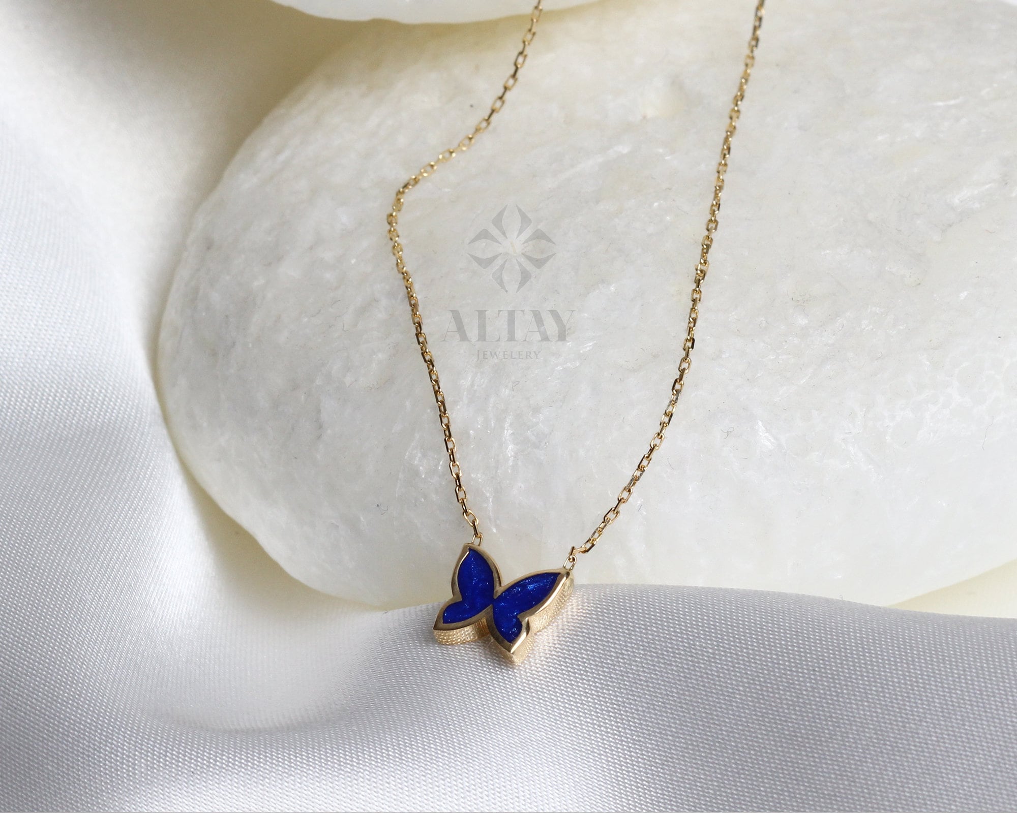 14K Solid Gold Butterfly Necklace, Good Luck Charm Necklace, Dainty Enamel Gold Pendant, Animal Choker, Gift for Her, Everyday Jewelry