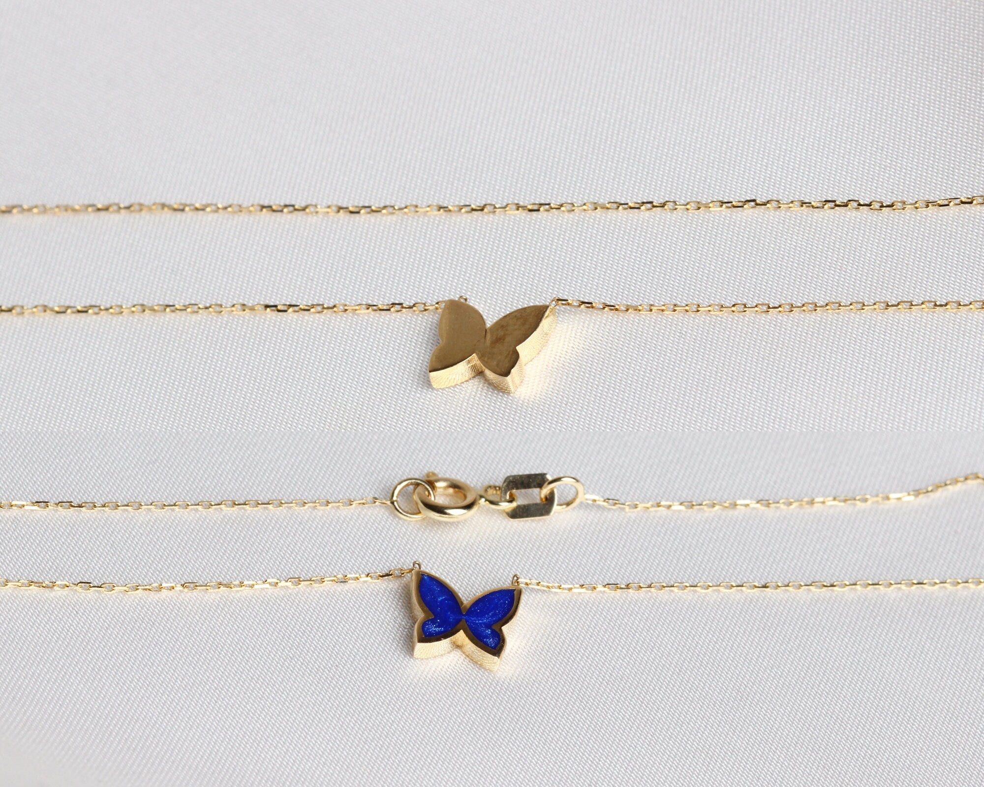 14K Solid Gold Butterfly Necklace, Good Luck Charm Necklace, Dainty Enamel Gold Pendant, Animal Choker, Gift for Her, Everyday Jewelry