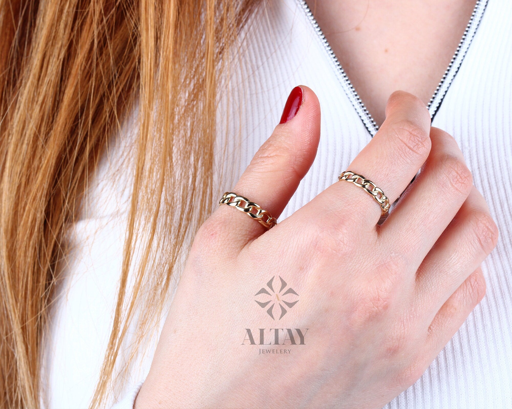 14K Gold Chain Ring, 3mm 4mm Oval Chain Band Ring, Dainty Stacking Ring, Chunky Chain Ring, Pointer Finger Gold Ring, Thick Chain Curb Ring