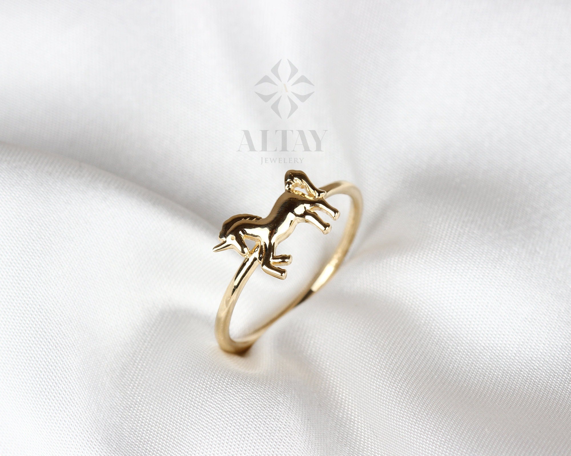 14K Solid Gold Unicorn Ring, Gold Horse Band, 14k Animal Gold Ring, Minimalist Ring, Thin Dainty Ring, Good Fortune Symbol, Gift for Her