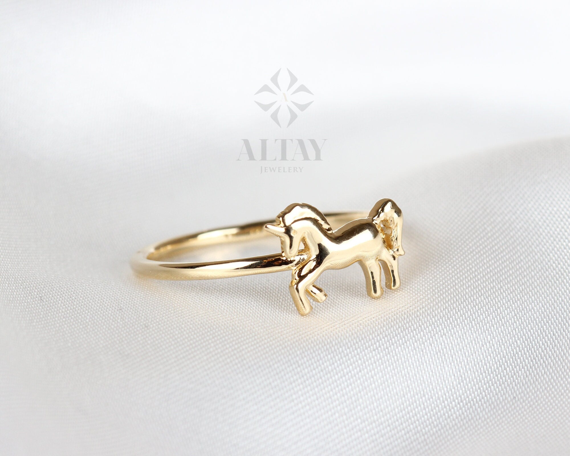 14K Solid Gold Unicorn Ring, Gold Horse Band, 14k Animal Gold Ring, Minimalist Ring, Thin Dainty Ring, Good Fortune Symbol, Gift for Her