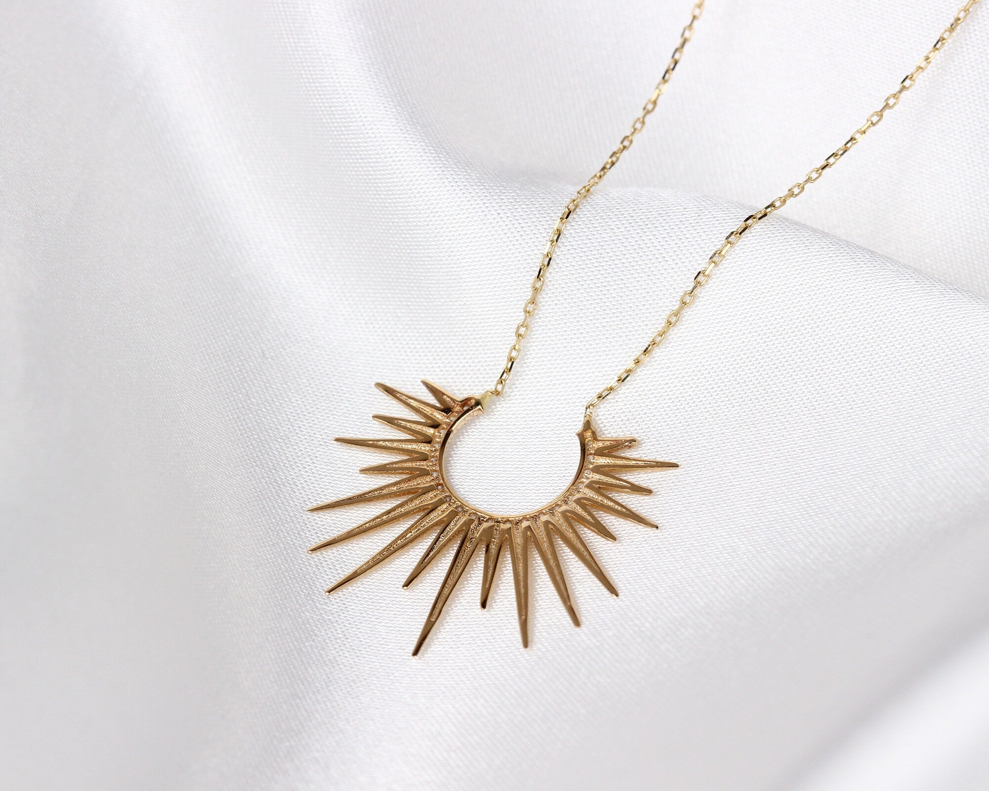 14K Gold Sunburst Necklace, Spikey Gold Sun Pendant, Celestial Layering Choker, Crescent Necklace, Semicircle Dainty Charm, Gift For Her