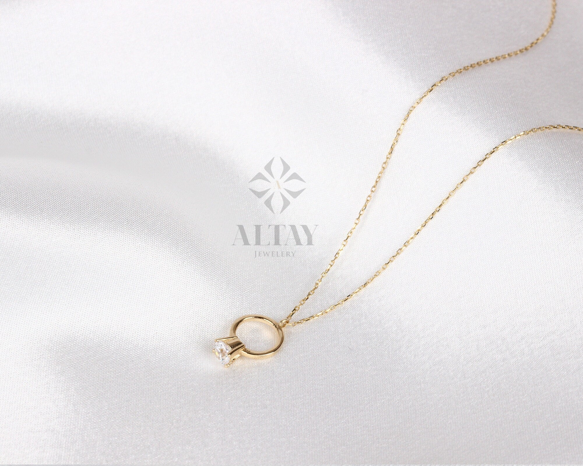 14K Gold Solitaire Ring Necklace, Dainty Gold Circle, Karma Necklace, Eternity, Simple Open Circle, Christmas Gift, Gift for Her