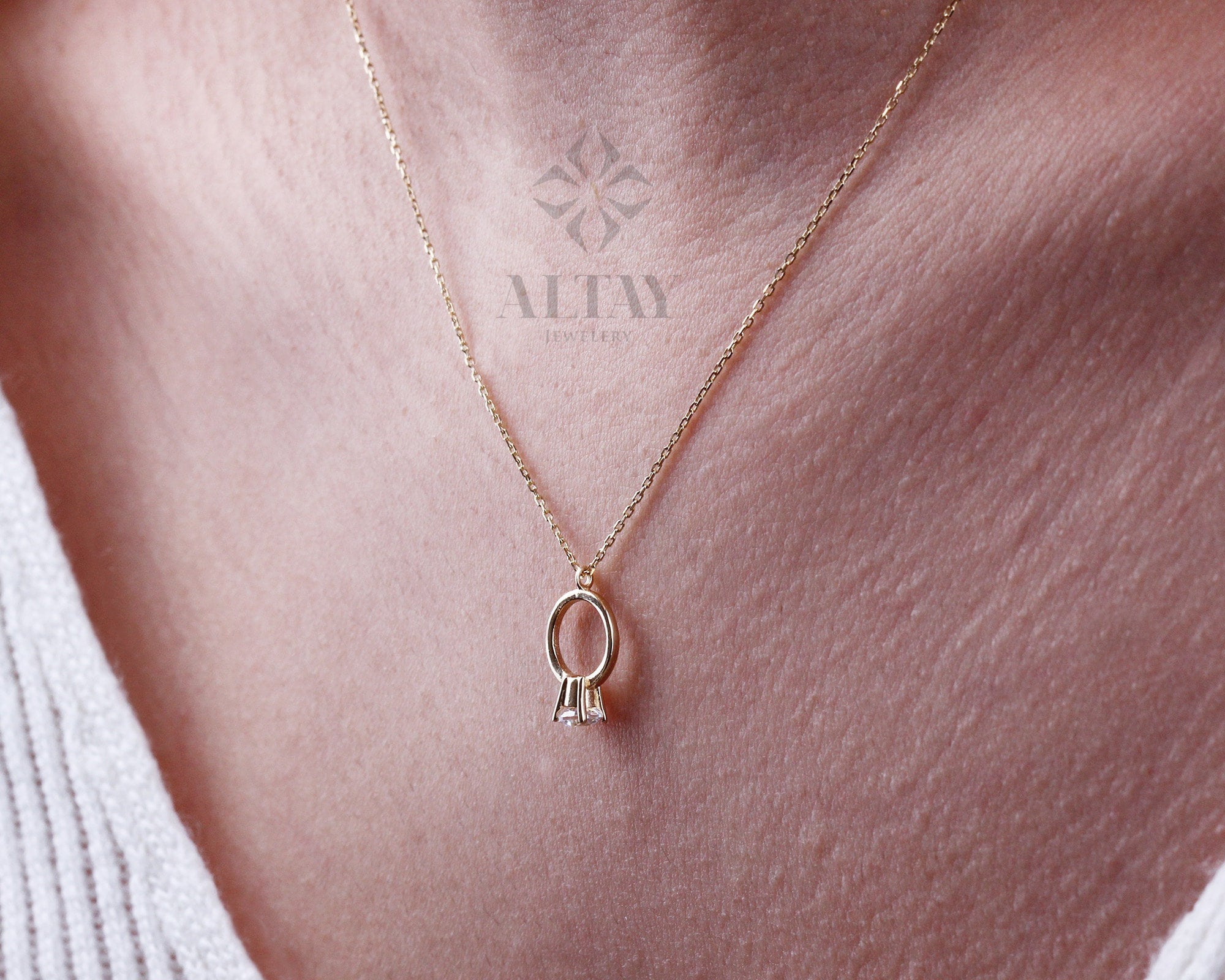 14K Gold Solitaire Ring Necklace, Dainty Gold Circle, Karma Necklace, Eternity, Simple Open Circle, Christmas Gift, Gift for Her