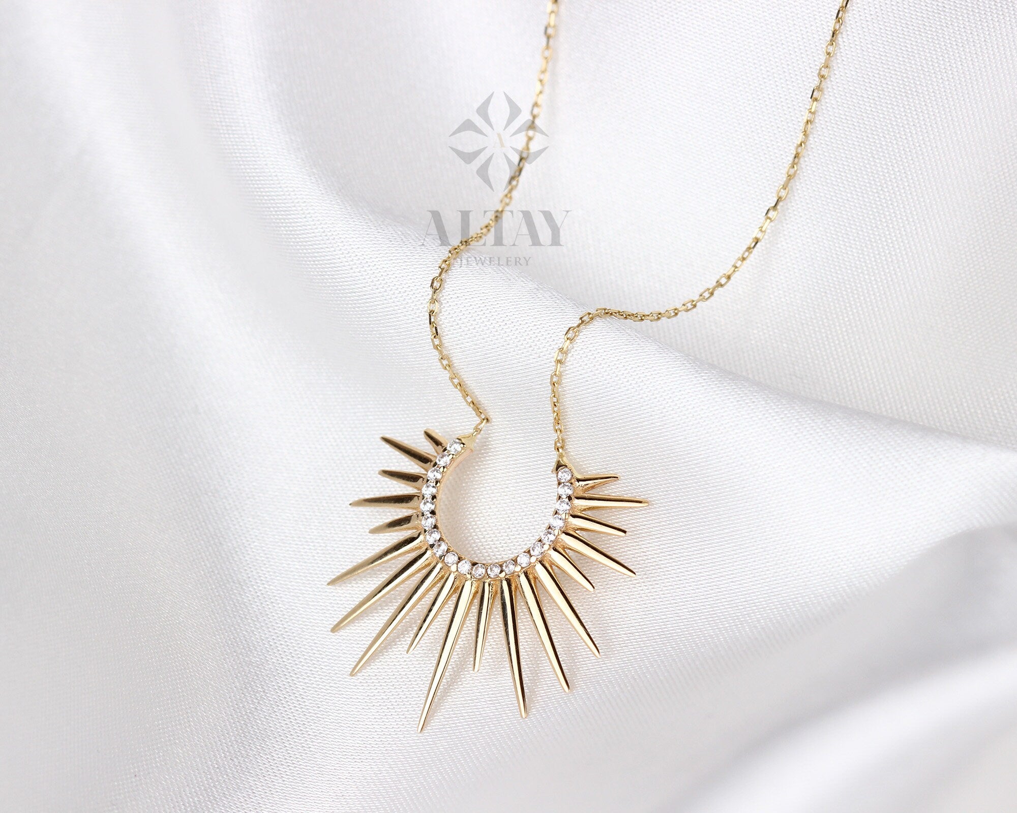 14K Gold Sunburst Necklace, Spikey Gold Sun Pendant, Celestial Layering Choker, Crescent Necklace, Semicircle Dainty Charm, Gift For Her