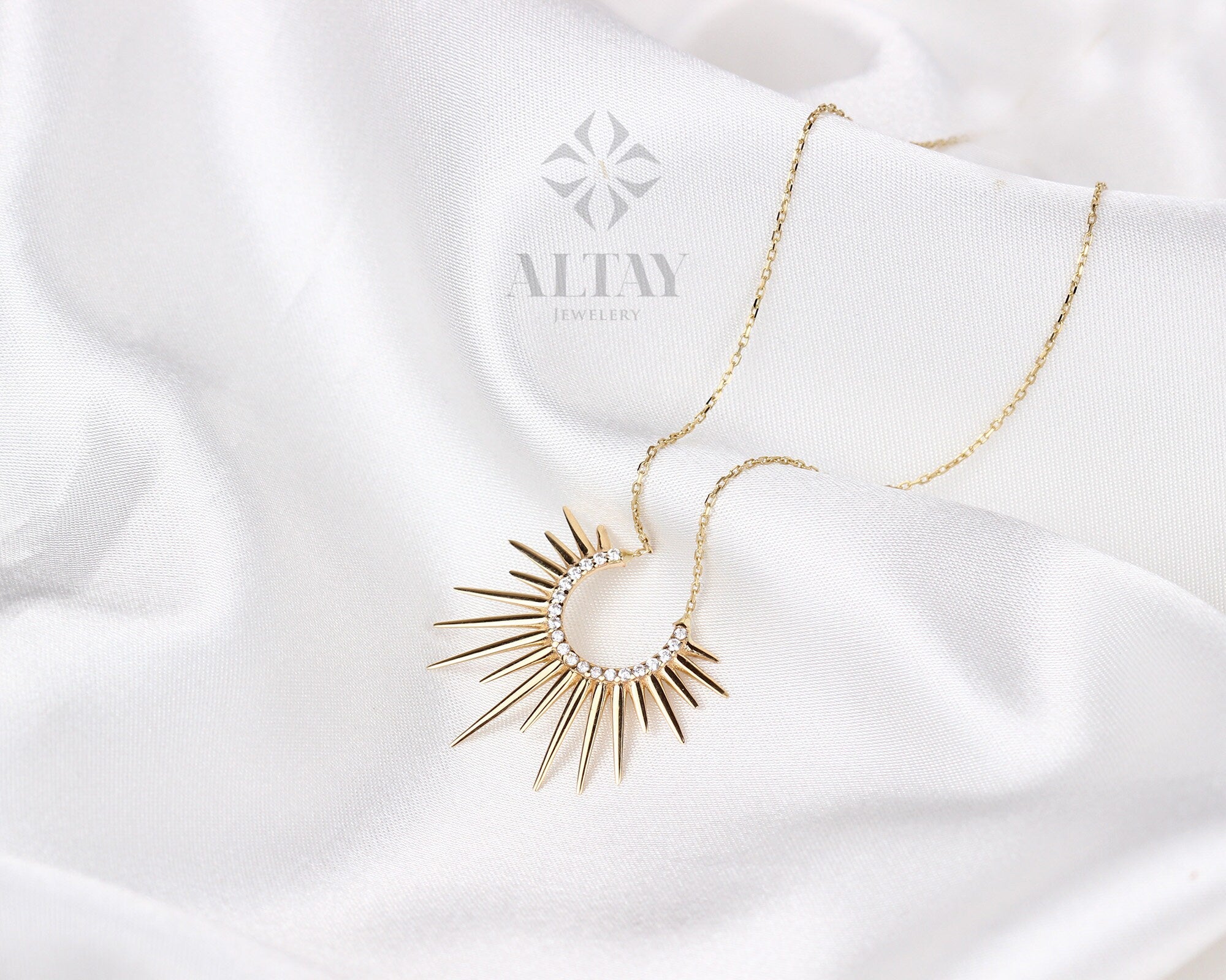 14K Gold Sunburst Necklace, Spikey Gold Sun Pendant, Celestial Layering Choker, Crescent Necklace, Semicircle Dainty Charm, Gift For Her