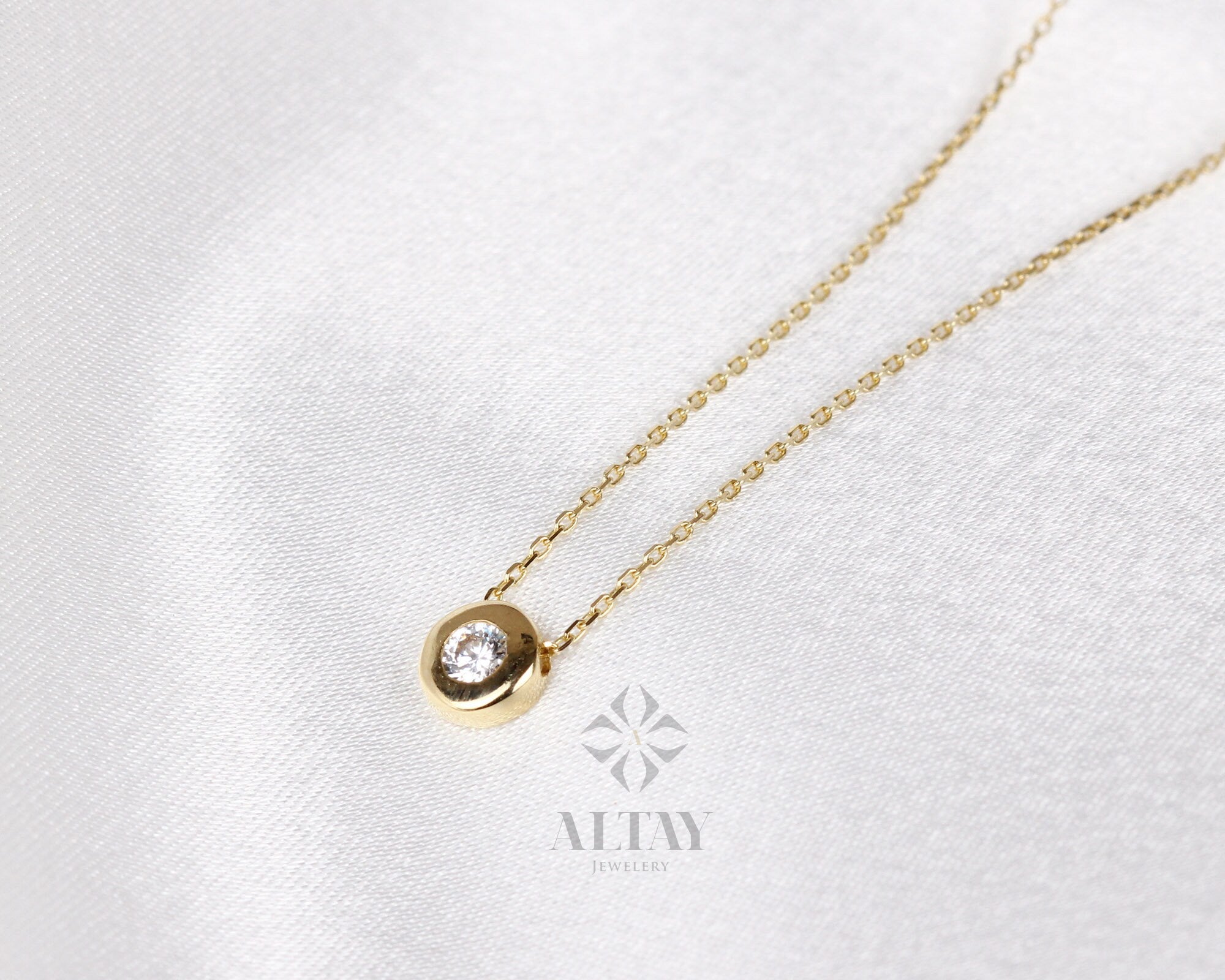 14K Gold Diamond Bezel Necklace, CZ Solitaire Charm, Natural Brilliant Cut Diamond Bezel Necklace, Dainty Diamond Choker, Bridesmaid Gift