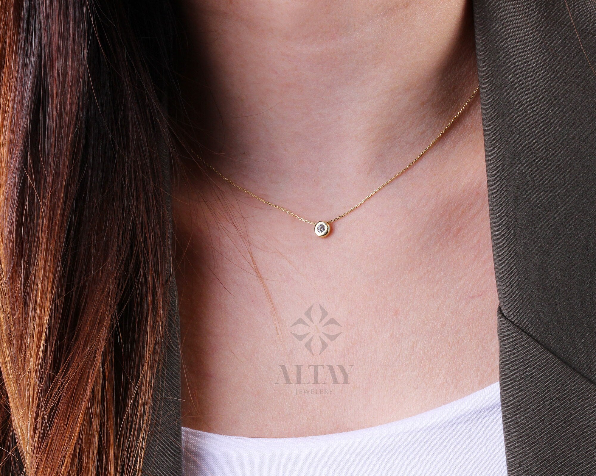 14K Gold Diamond Bezel Necklace, CZ Solitaire Charm, Natural Brilliant Cut Diamond Bezel Necklace, Dainty Diamond Choker, Bridesmaid Gift