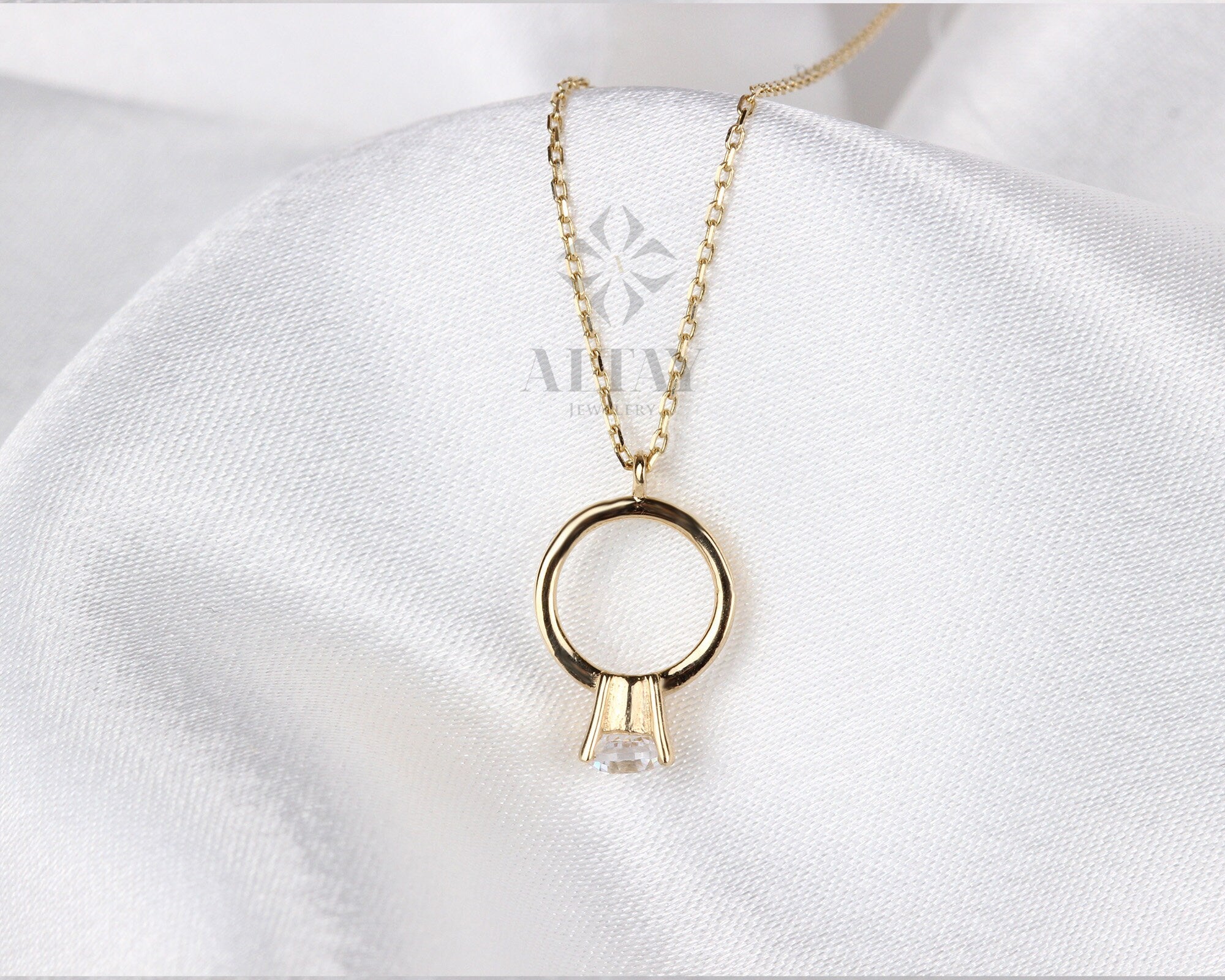 14K Gold Solitaire Ring Necklace, Dainty Gold Circle, Karma Necklace, Eternity, Simple Open Circle, Christmas Gift, Gift for Her