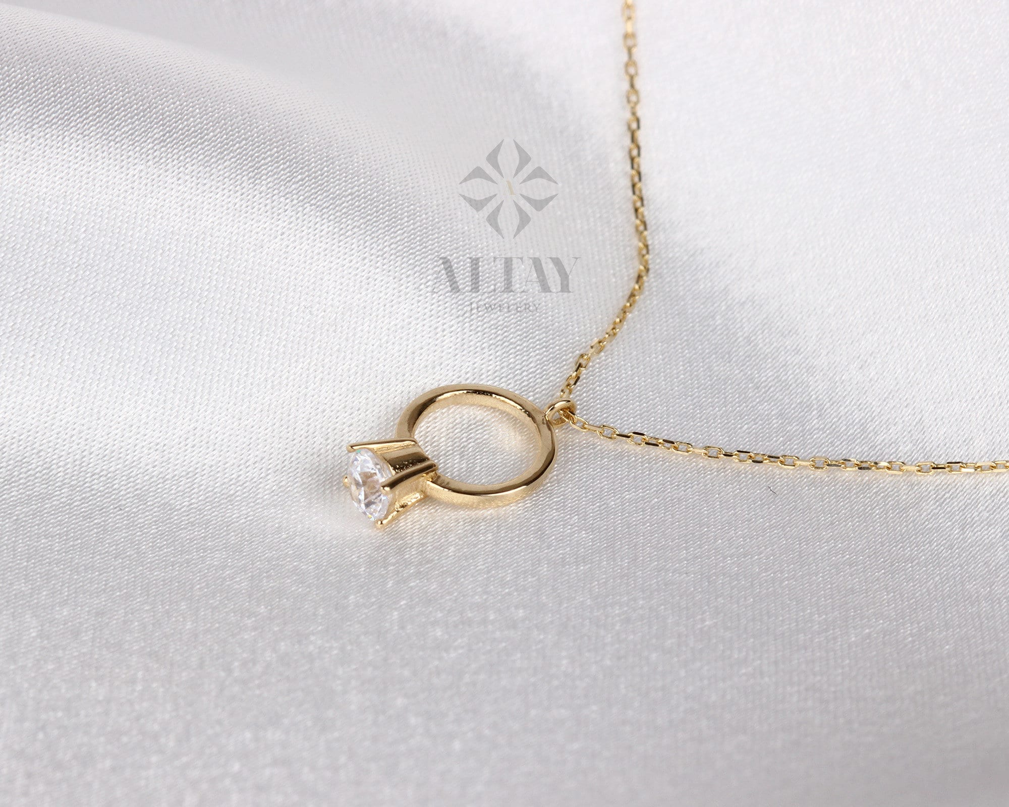 14K Gold Solitaire Ring Necklace, Dainty Gold Circle, Karma Necklace, Eternity, Simple Open Circle, Christmas Gift, Gift for Her