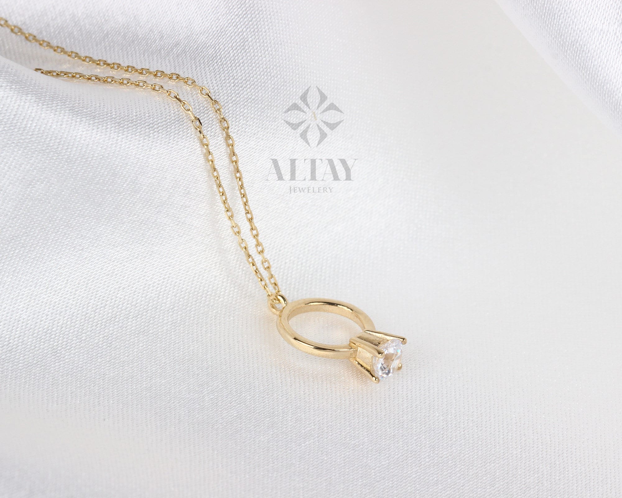 14K Gold Solitaire Ring Necklace, Dainty Gold Circle, Karma Necklace, Eternity, Simple Open Circle, Christmas Gift, Gift for Her