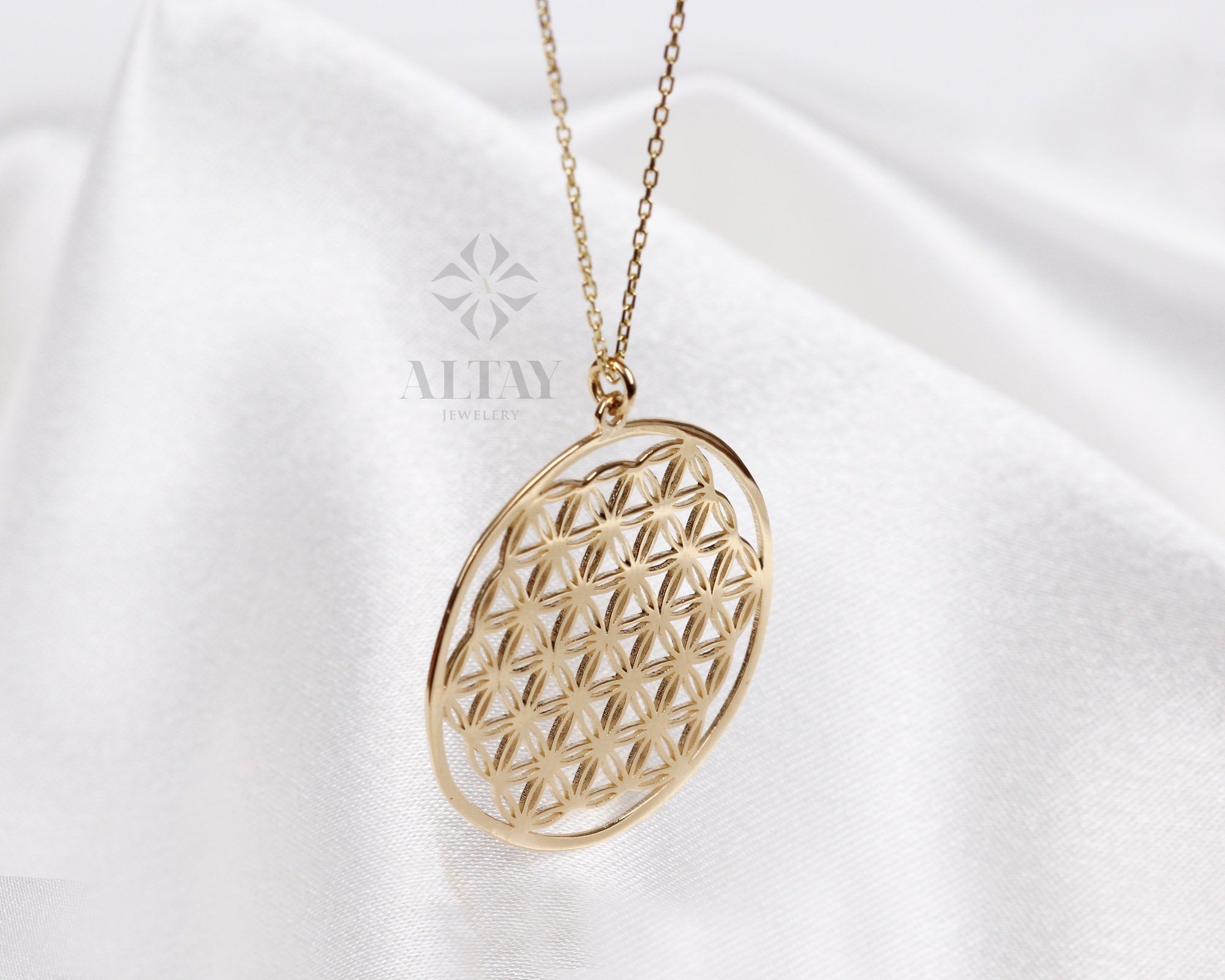 14K Gold Flower of Life Necklace, Layered Pendant Coin, Minimalist Disc Charm, Sacred Geometry Medallion, Symbol of Perun, Gift for Her