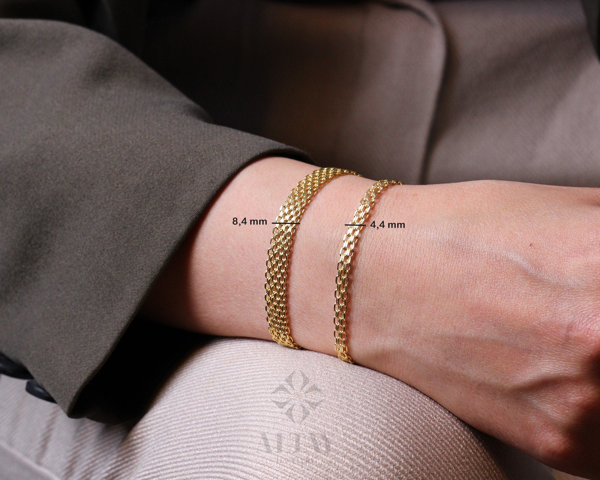 14K Gold Bismark Bracelet, 4.4 mm Curb Wrist Chain, Gold Herringbone Stack Link, Braided Bismarck Christmas Valentine's Day Gift For Her