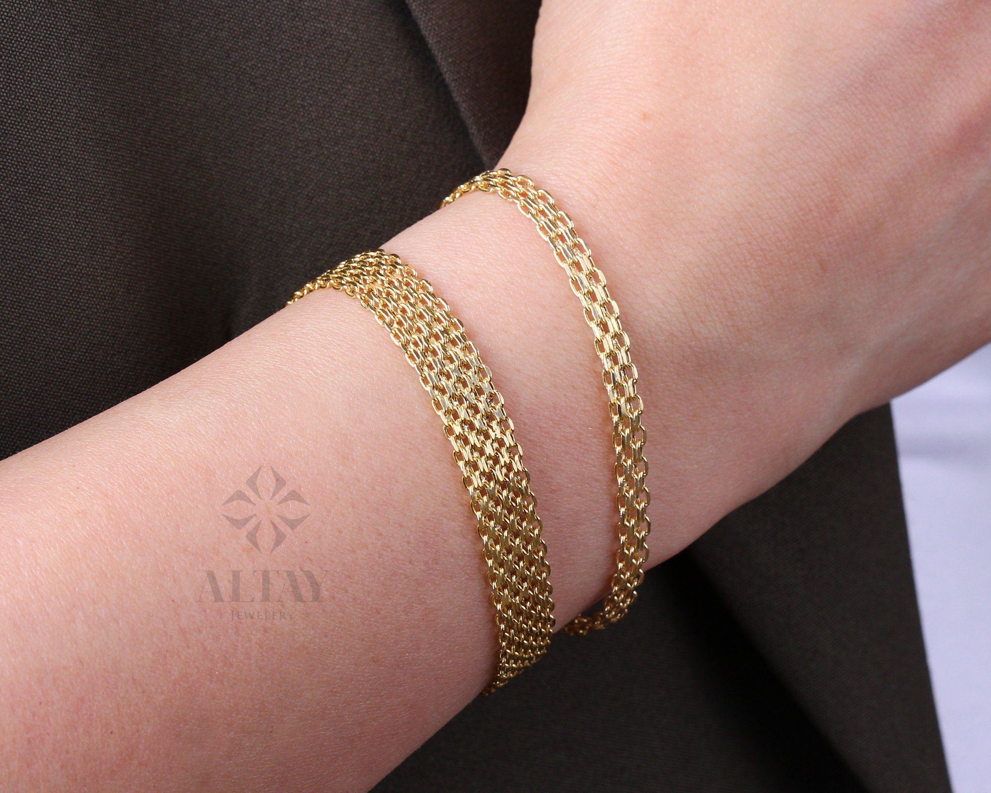 14K Gold Bismark Bracelet, 4.4 mm Curb Wrist Chain, Gold Herringbone Stack Link, Braided Bismarck Christmas Valentine's Day Gift For Her