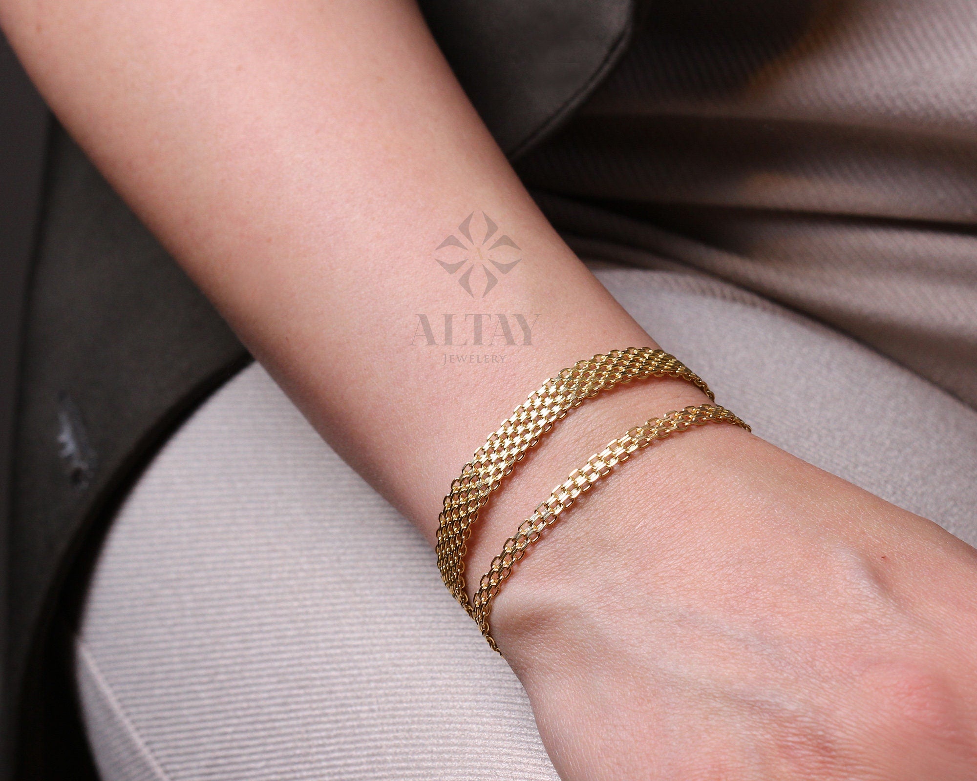 14K Gold Bismark Bracelet, 4.4 mm Curb Wrist Chain, Gold Herringbone Stack Link, Braided Bismarck Christmas Valentine's Day Gift For Her