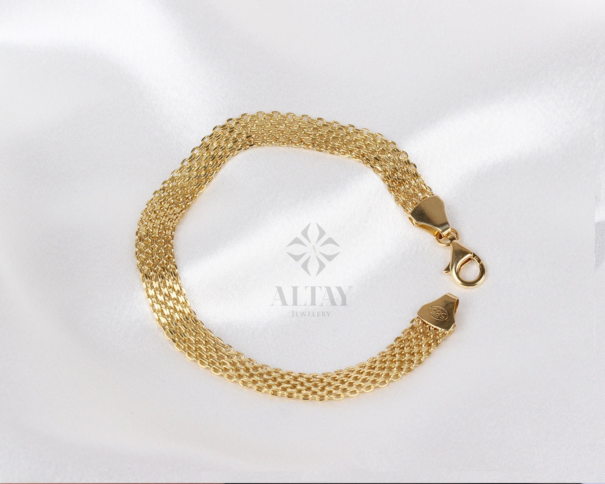 14K Gold Bismark Bracelet, 4.4 mm Curb Wrist Chain, Gold Herringbone Stack Link, Braided Bismarck Christmas Valentine's Day Gift For Her