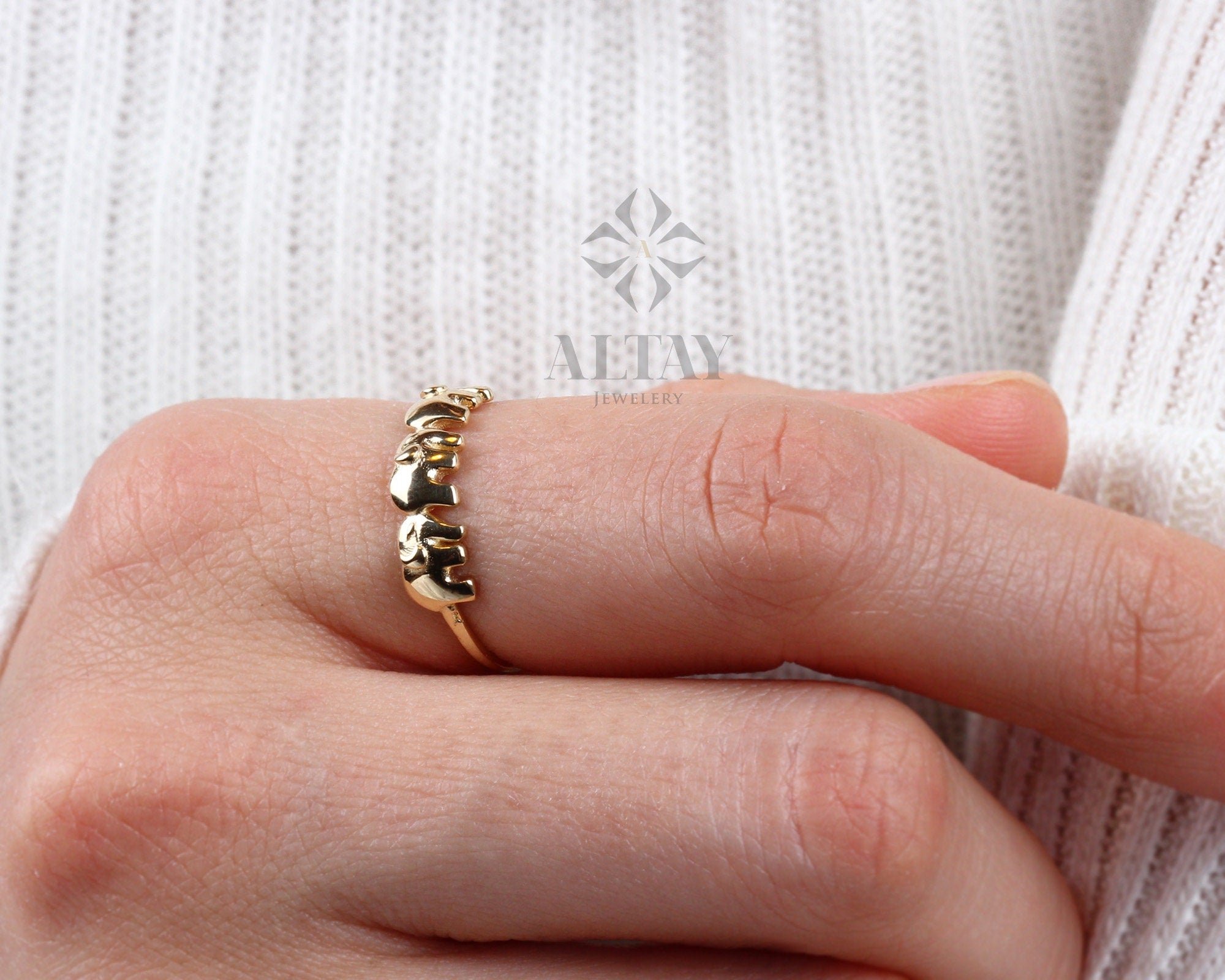 14K Gold Three Elephant Ring, Stacking Elephant Ring, Animal Gold Band Ring, Good Luck Ring, Mother Elephant Ring, Valentines Day Gift