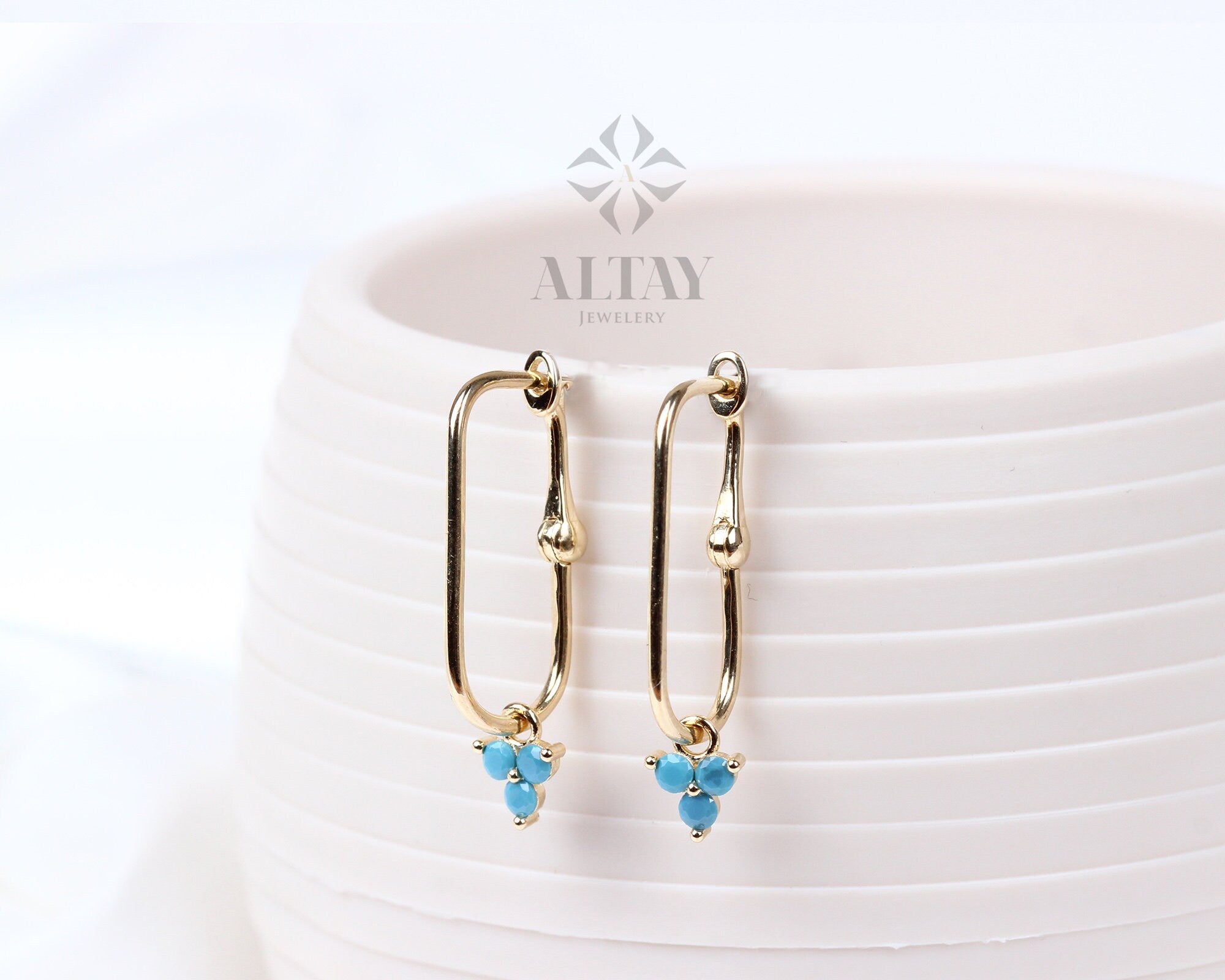14K Gold Turquoise Rectangle Earrings, Trio Stone Hoop Earrings, Tiny Three Stones Earring, Dainty Delicate Gift For Her