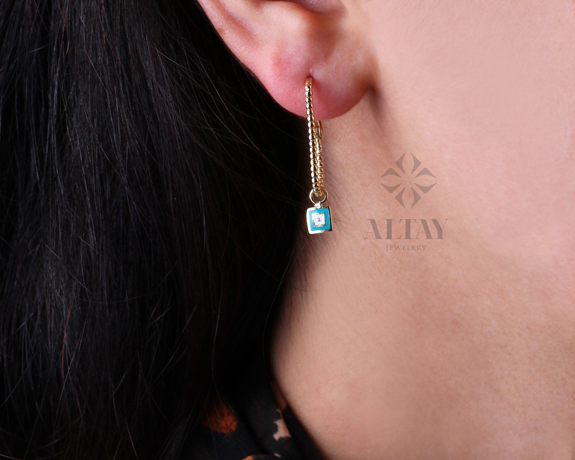 14K Gold Turquoise Rectangle Earrings, Square Stone Hoop Earrings, Tiny Square Stone Earring, Dainty Delicate Gift For Her