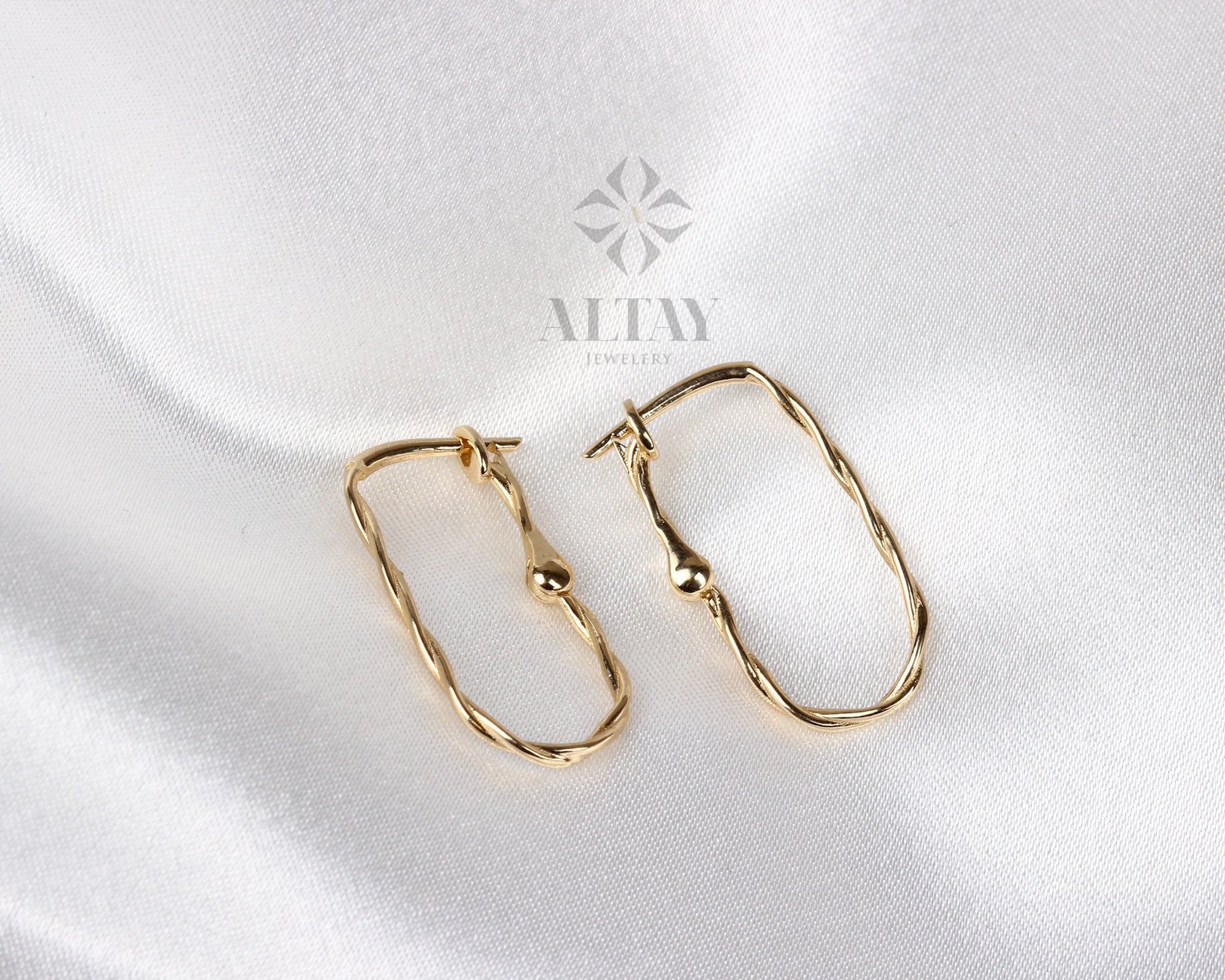 14K Gold Twisted Rectangle Earrings, Twisted Stone Hoop Earrings, Tiny Spiral Dainty Earring, Dainty Delicate Gift For Her, Mothers Day Gift