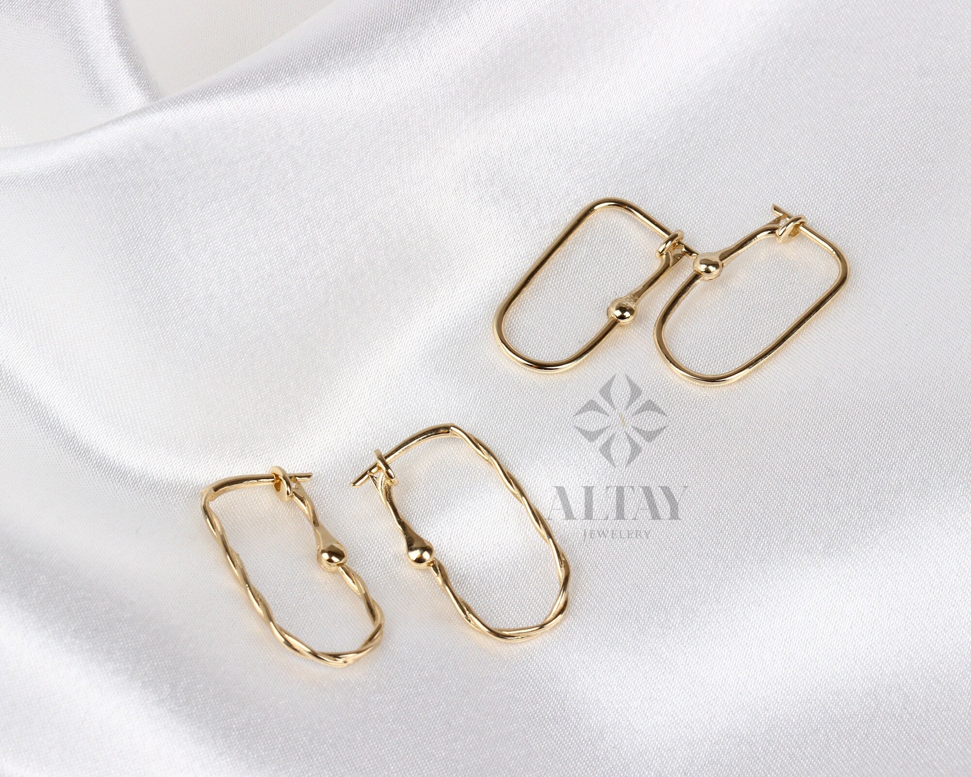14K Gold Twisted Rectangle Earrings, Twisted Stone Hoop Earrings, Tiny Spiral Dainty Earring, Dainty Delicate Gift For Her, Mothers Day Gift