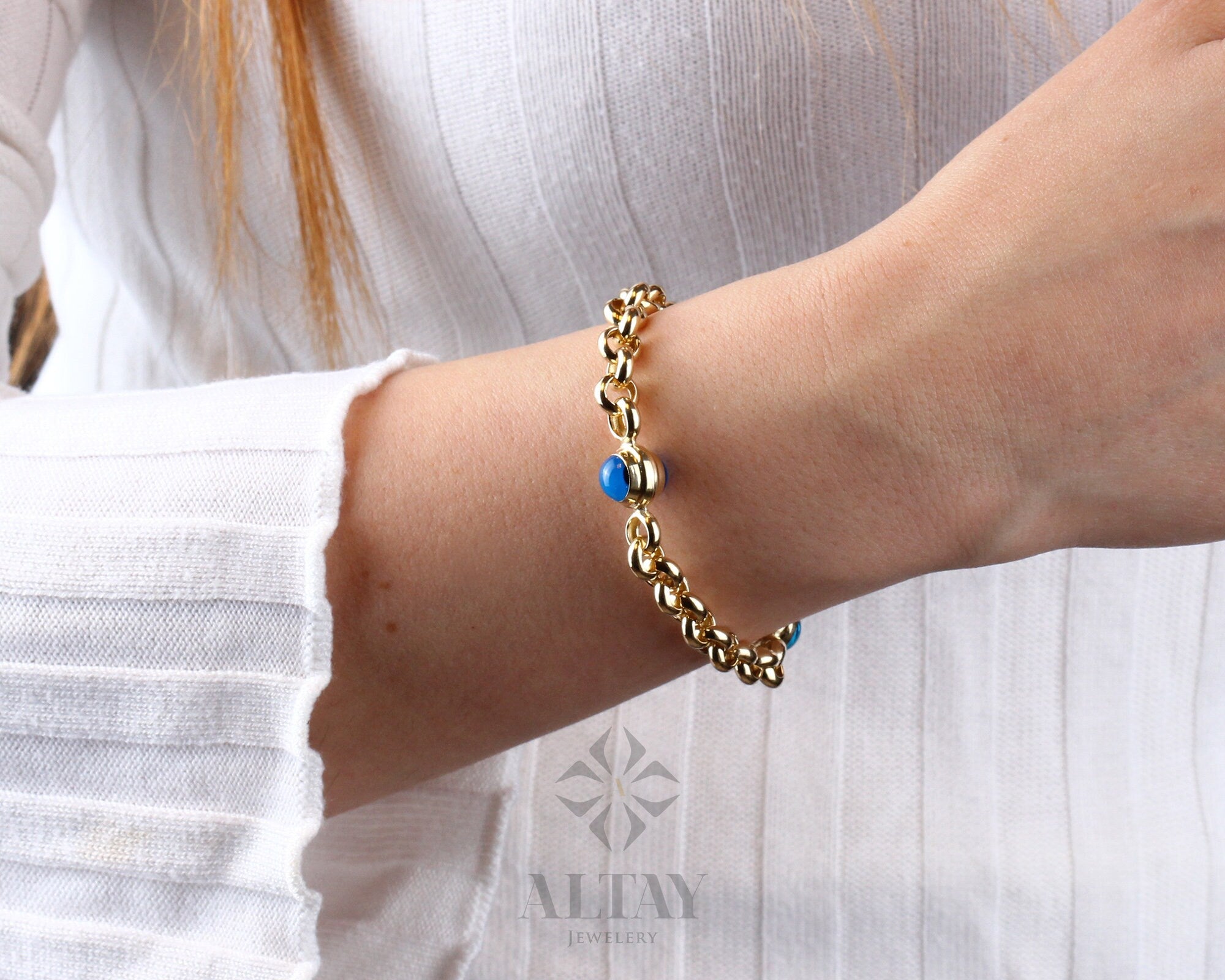 14K Gold Evil Eye Bracelet, Gold Rolo Chain Bracelet, Evil Eye Charm Bracelet, Everyday Protective Jewelry, Minimalist Jewelry, Gift for Her