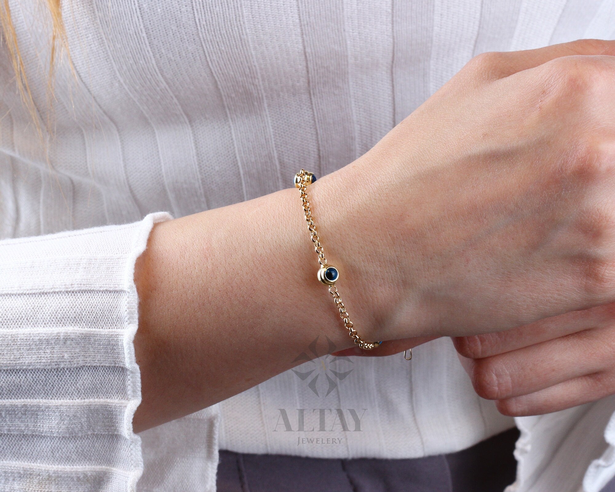 14K Gold Evil Eye Bracelet, Gold Rolo Chain Bracelet, Evil Eye Charm Bracelet, Everyday Protective Jewelry, Minimalist Jewelry, Gift for Her