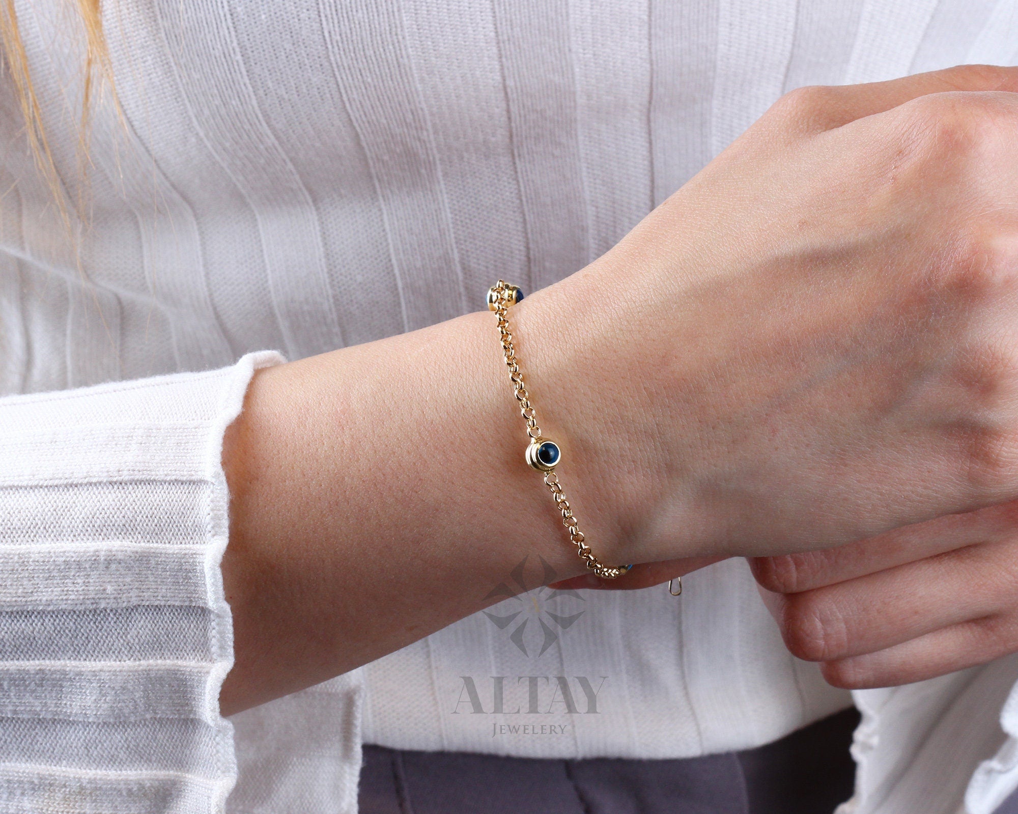 14K Gold Evil Eye Bracelet, Gold Rolo Chain Bracelet, Evil Eye Charm Bracelet, Everyday Protective Jewelry, Minimalist Jewelry, Gift for Her