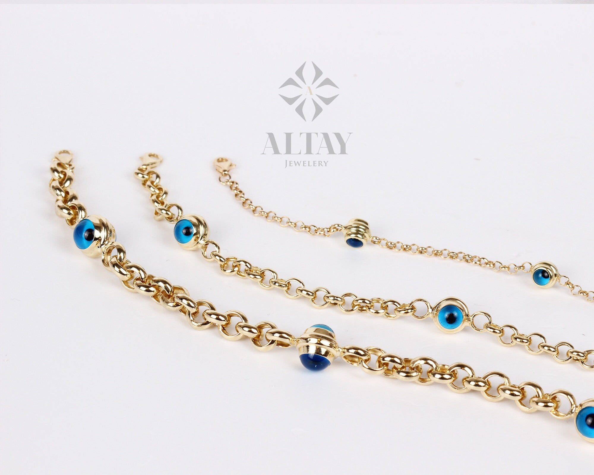 14K Gold Evil Eye Bracelet, Gold Rolo Chain Bracelet, Evil Eye Charm Bracelet, Everyday Protective Jewelry, Minimalist Jewelry, Gift for Her