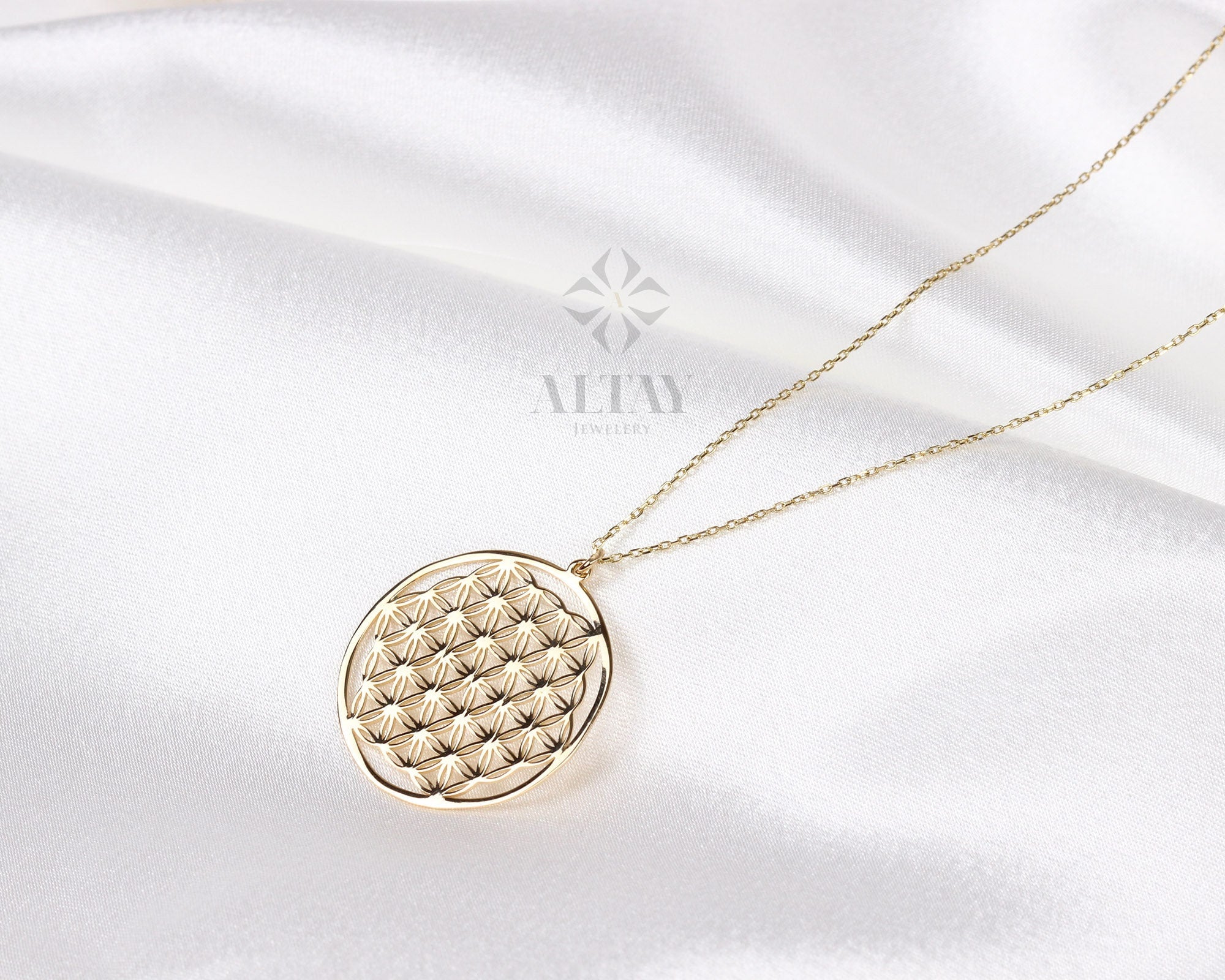 14K Gold Flower of Life Necklace, Layered Pendant Coin, Minimalist Disc Charm, Sacred Geometry Medallion, Symbol of Perun, Gift for Her