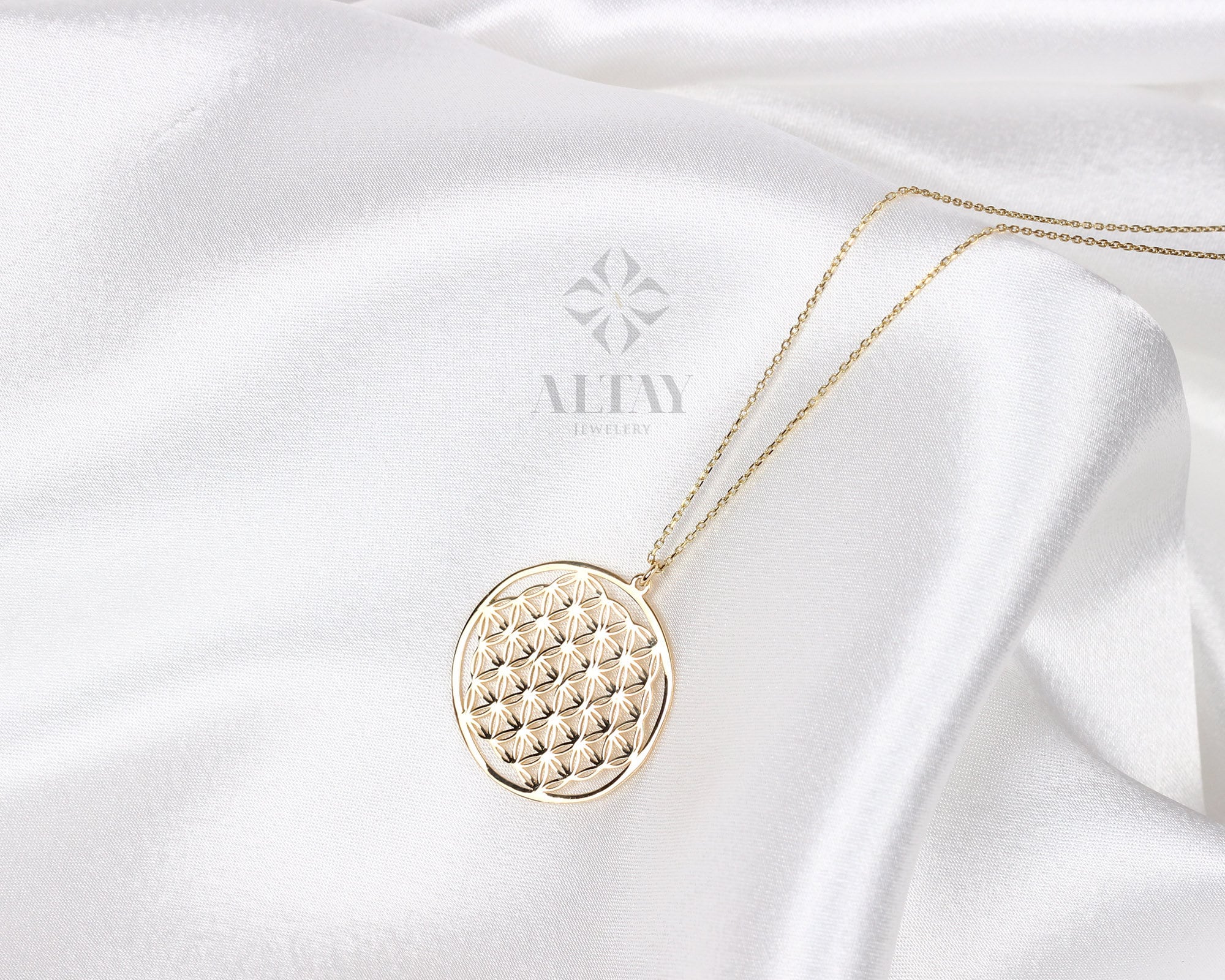 14K Gold Flower of Life Necklace, Layered Pendant Coin, Minimalist Disc Charm, Sacred Geometry Medallion, Symbol of Perun, Gift for Her