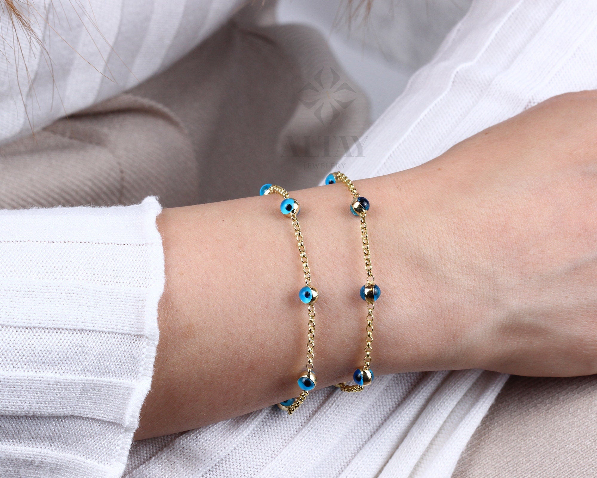 14K Gold Evil Eye Bracelet, Gold Chain Bracelet, Evil Eye Charm Bracelet, Everyday Rolo Gold Jewelry, Minimalist Jewelry, Gift for Her