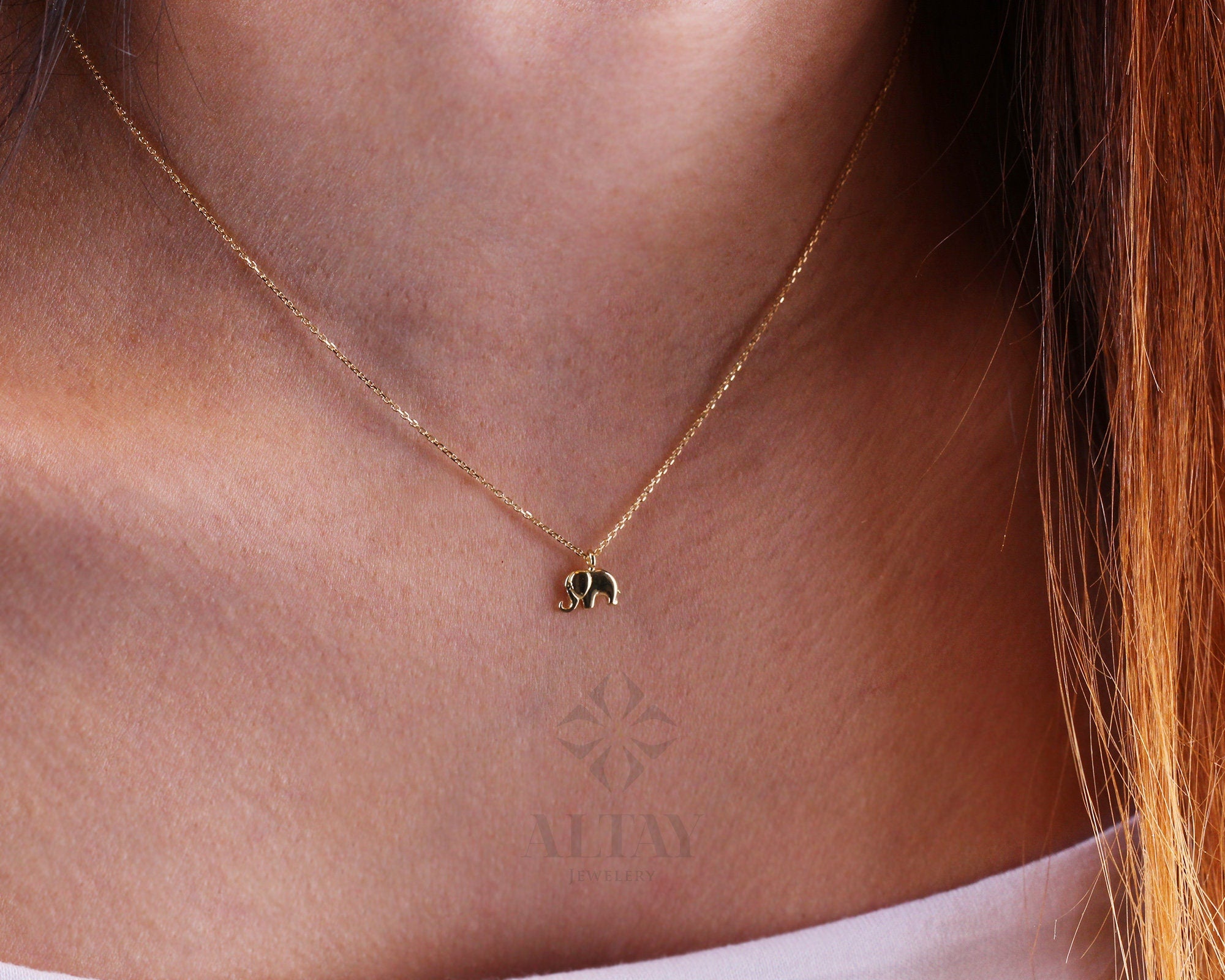14K Gold Elephant Necklace, Elephant Pendant Necklace, Dainty Elephant Choker, Good Luck Charm, Tiny Elephant, Layering Women Necklace