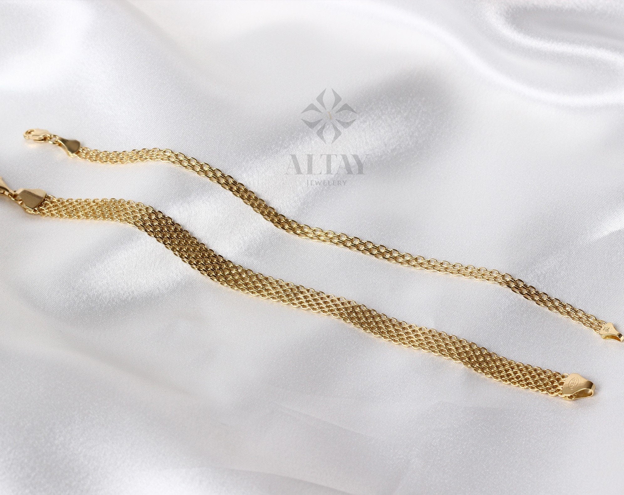 14K Gold Bismark Bracelet, 4.4 mm Curb Wrist Chain, Gold Herringbone Stack Link, Braided Bismarck Christmas Valentine's Day Gift For Her