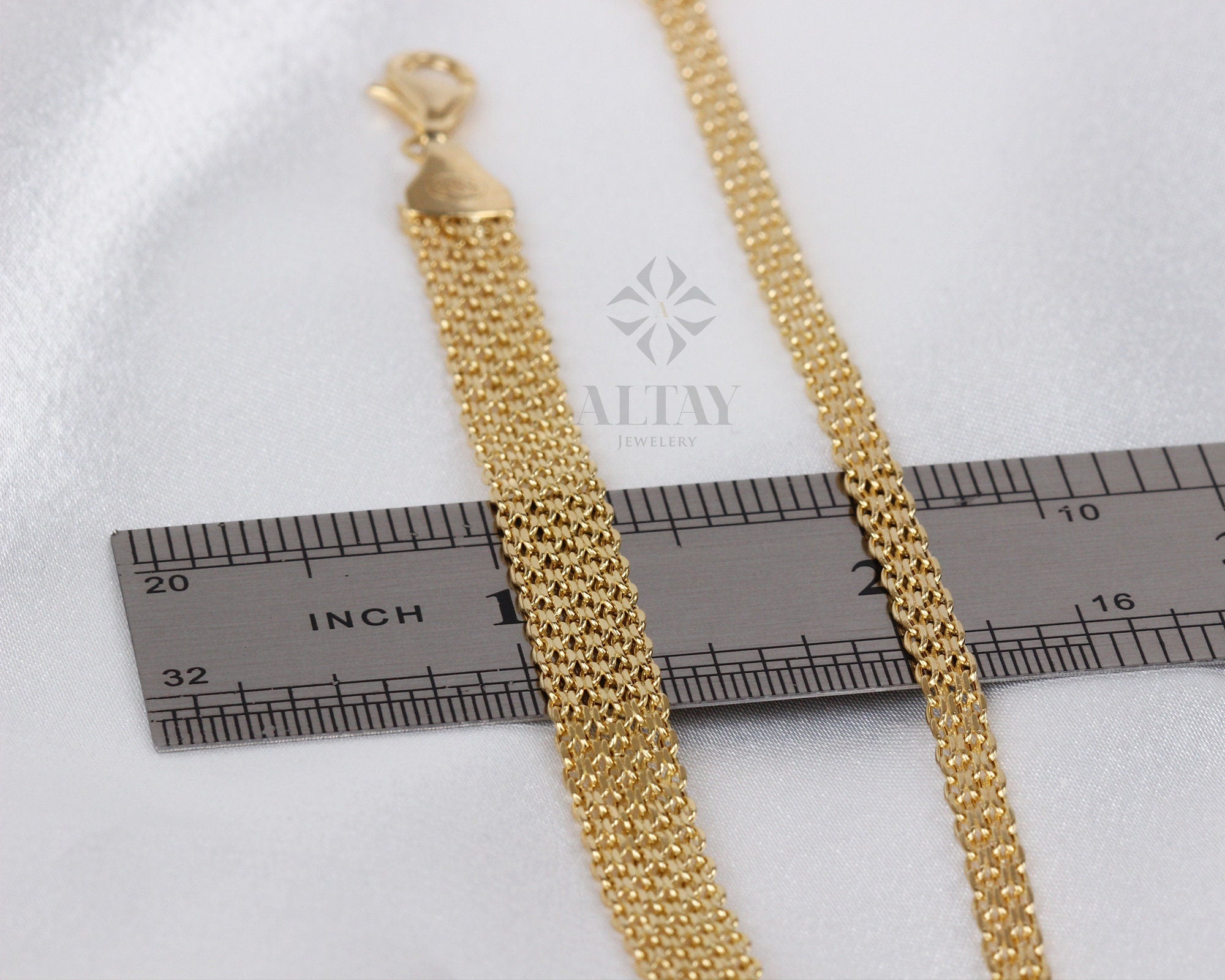 14K Gold Bismark Bracelet, 4.4 mm Curb Wrist Chain, Gold Herringbone Stack Link, Braided Bismarck Christmas Valentine's Day Gift For Her