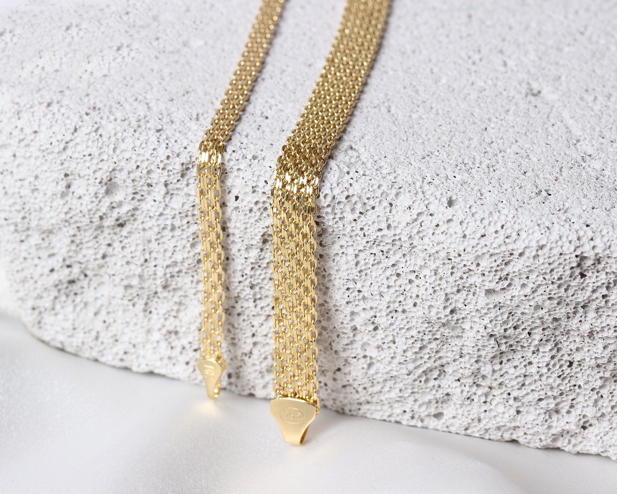 14K Gold Bismark Bracelet, 4.4 mm Curb Wrist Chain, Gold Herringbone Stack Link, Braided Bismarck Christmas Valentine's Day Gift For Her