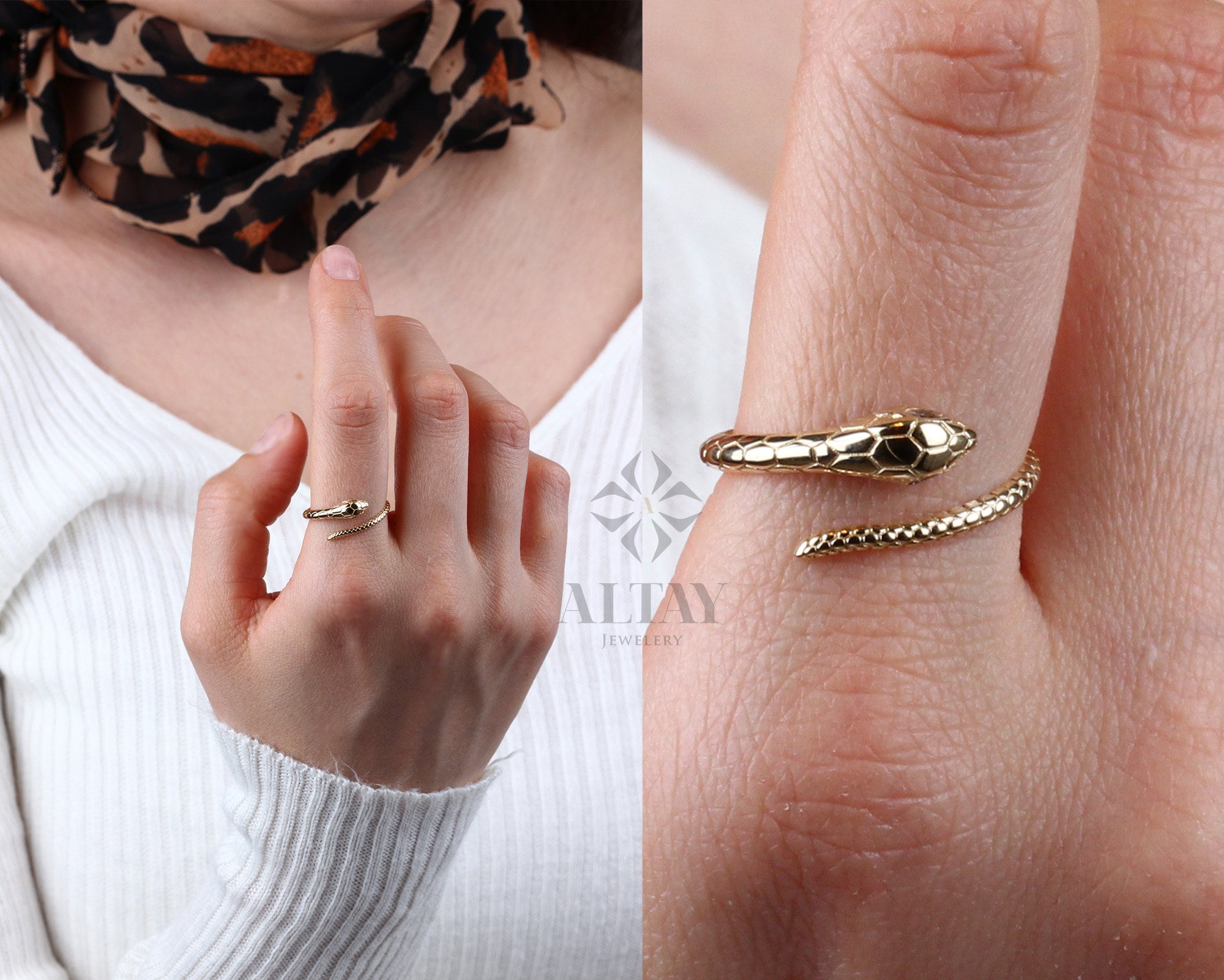 14K Gold Snake Ring, Snake Band, Open Serpent Jewelry, Dainty Stacking Animal Rings, Snake Style Ring, Open Band Gold Statement Wrap Ring
