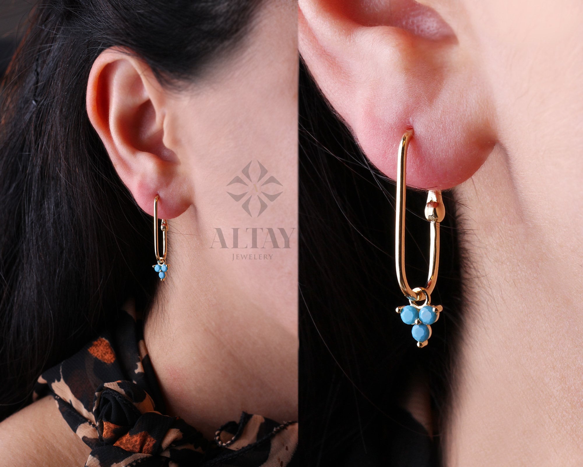 14K Gold Turquoise Rectangle Earrings, Trio Stone Hoop Earrings, Tiny Three Stones Earring, Dainty Delicate Gift For Her